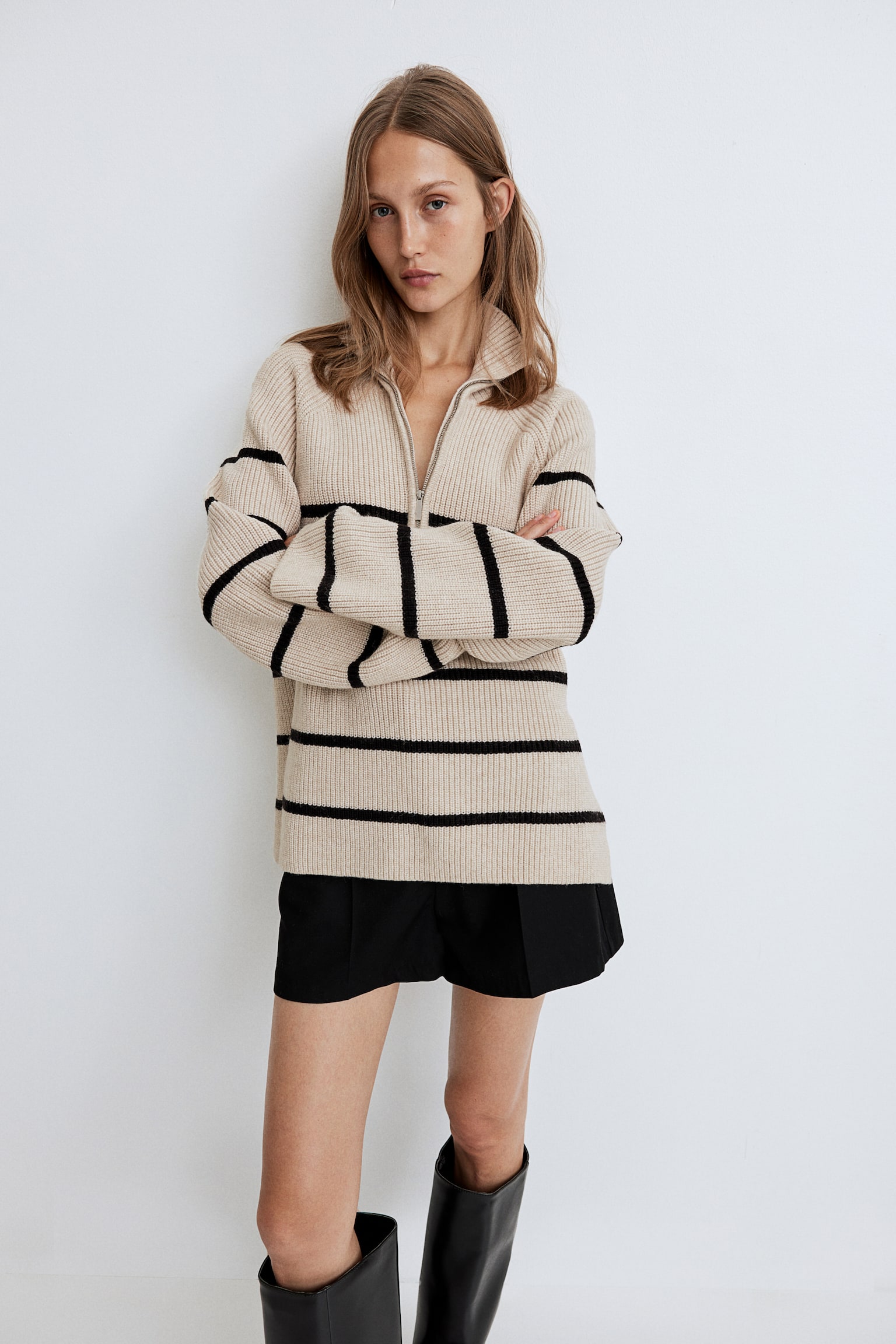 Zip-top rib-knit jumper - Light beige/Striped/Cream - 1