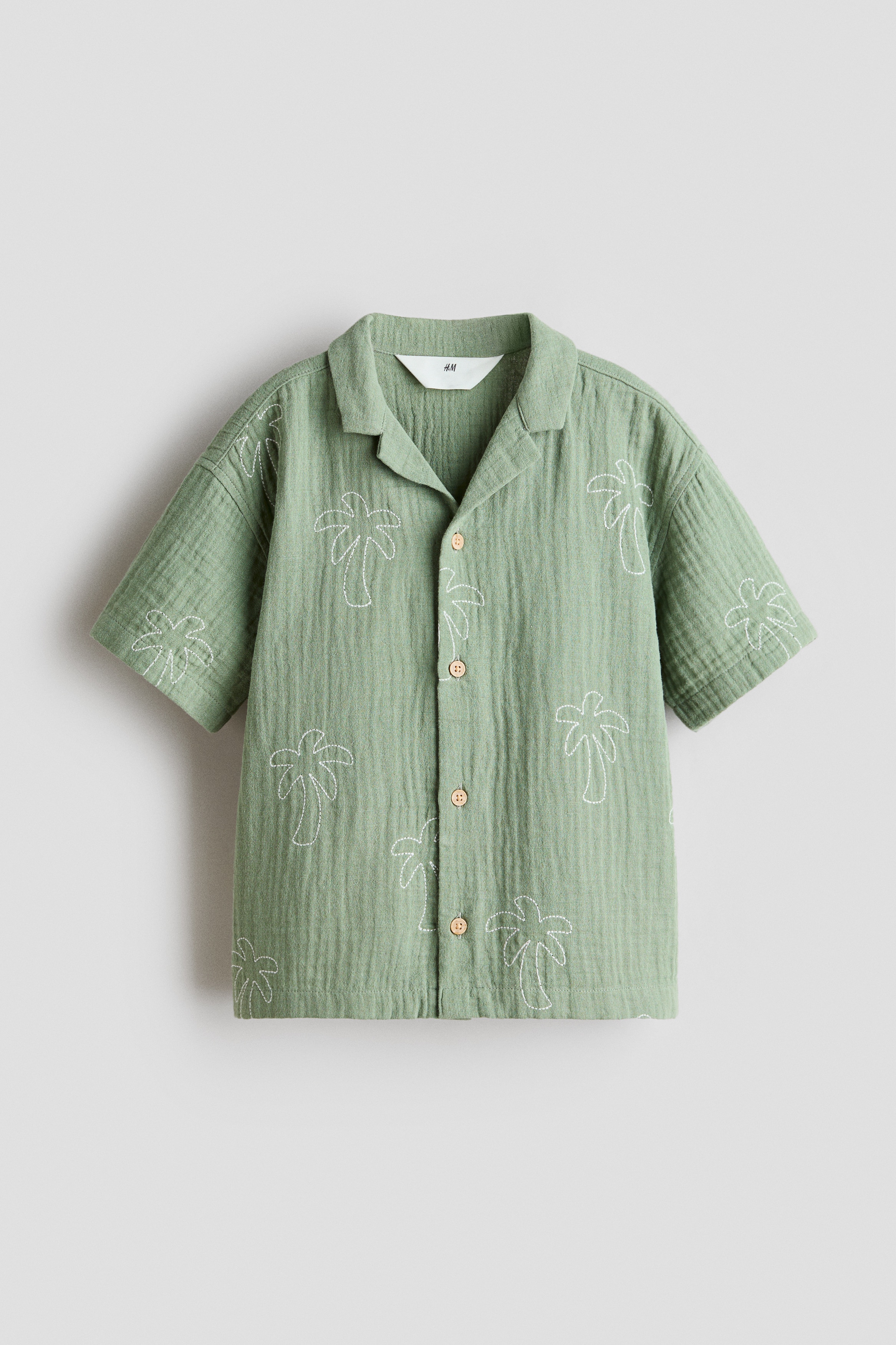 Embroidered muslin resort shirt - Green/Palm trees