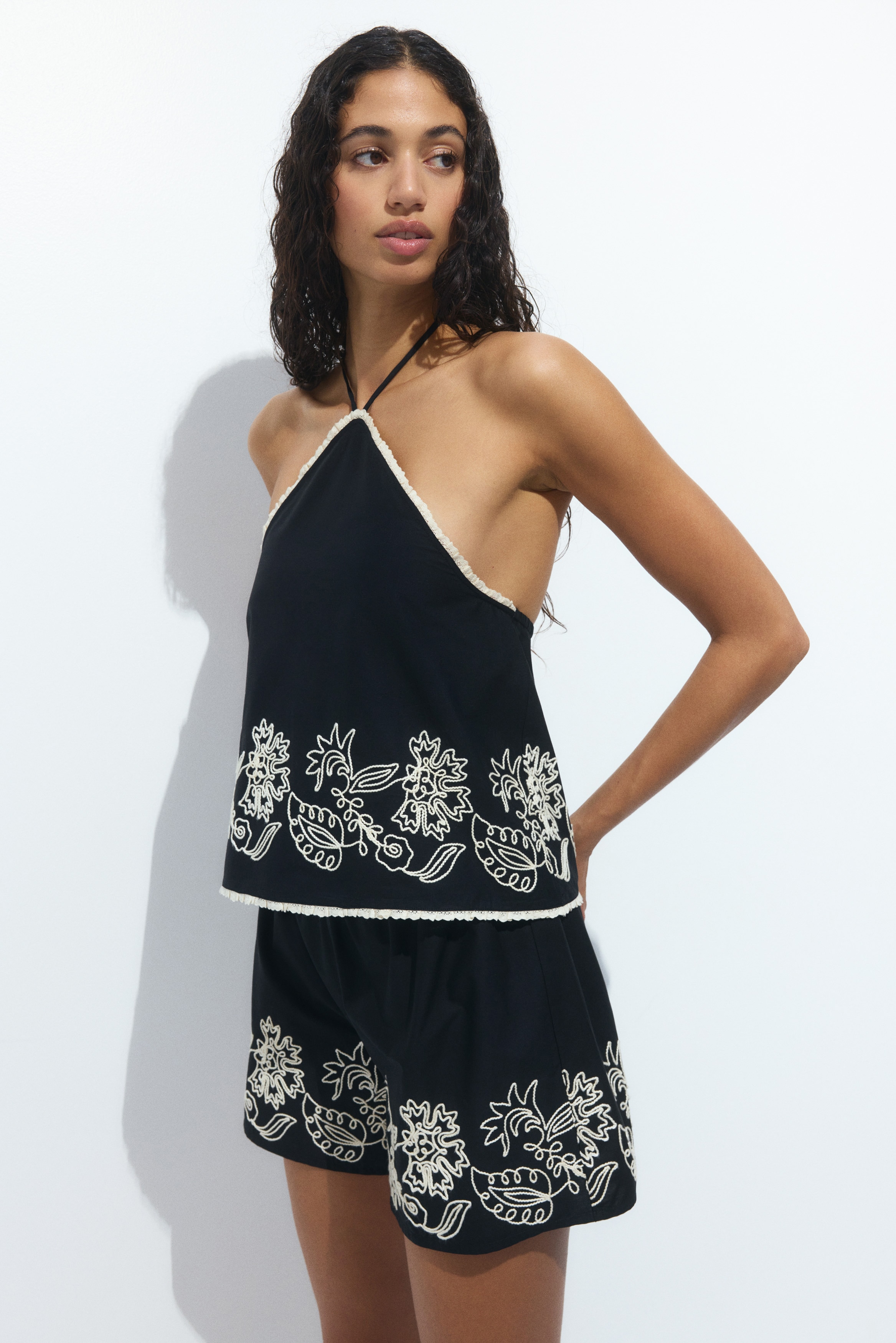 Shorts da mare in cotone ricamato - Nero/fiori