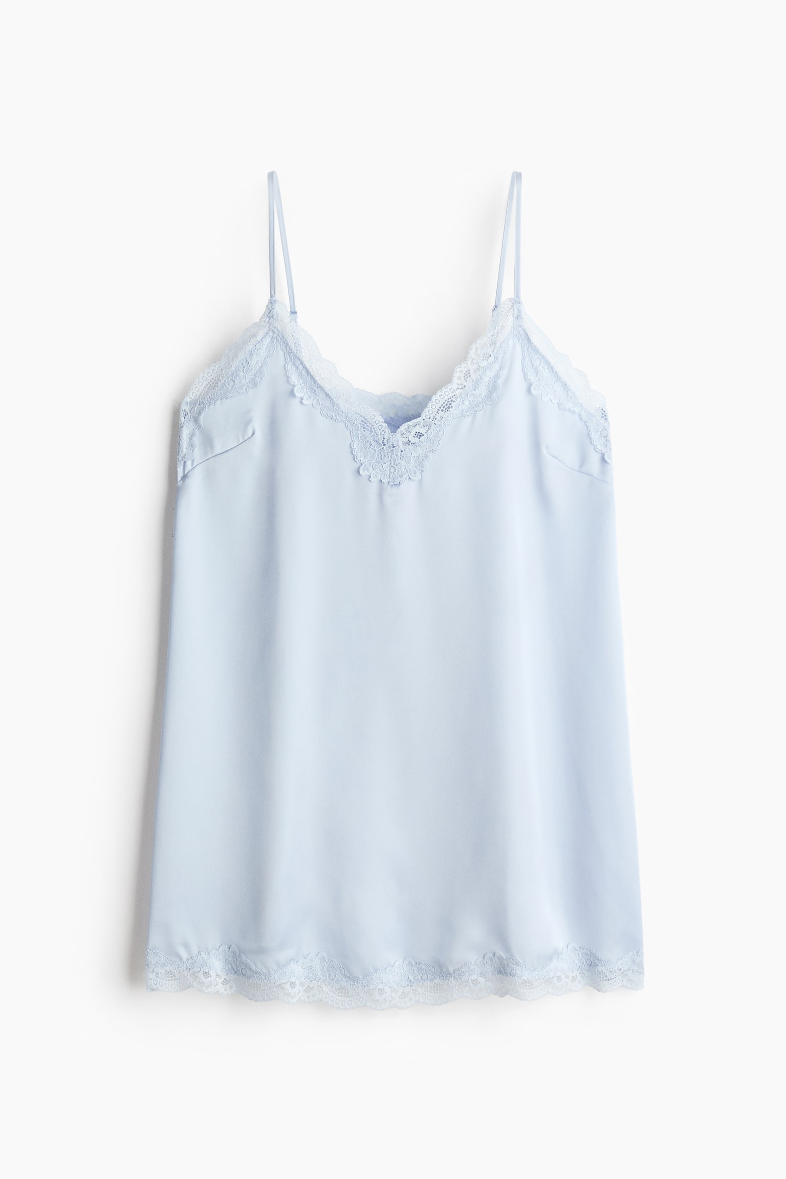 A light blue satin nightdress is laid flat, showcased from the front. It features a deep V-shaped neckline and hemline, both adorned with delicate lace, and is designed with adjustable spaghetti shoulder straps. - 1
