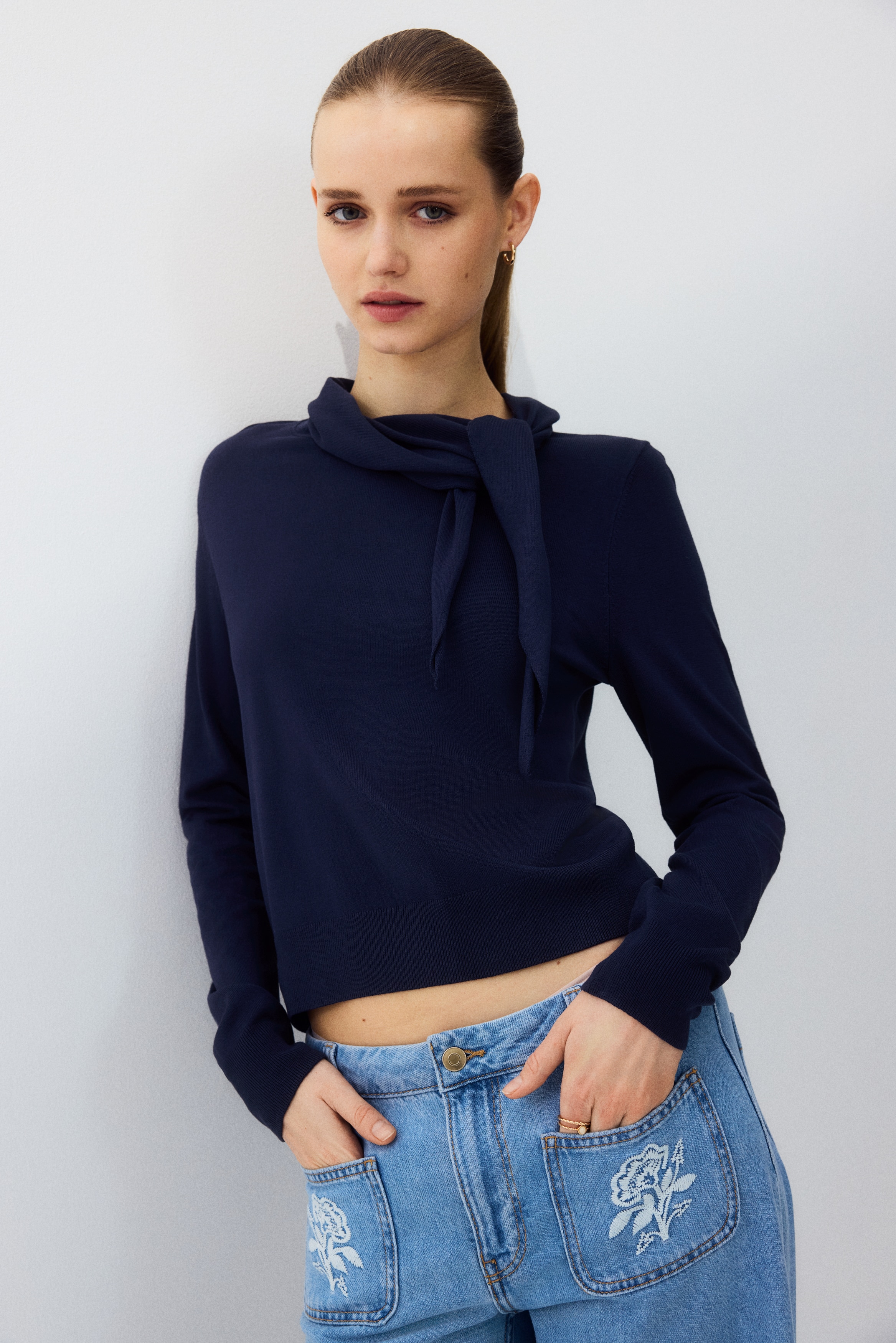 Pull à col foulard - Bleu marine/Bleu clair