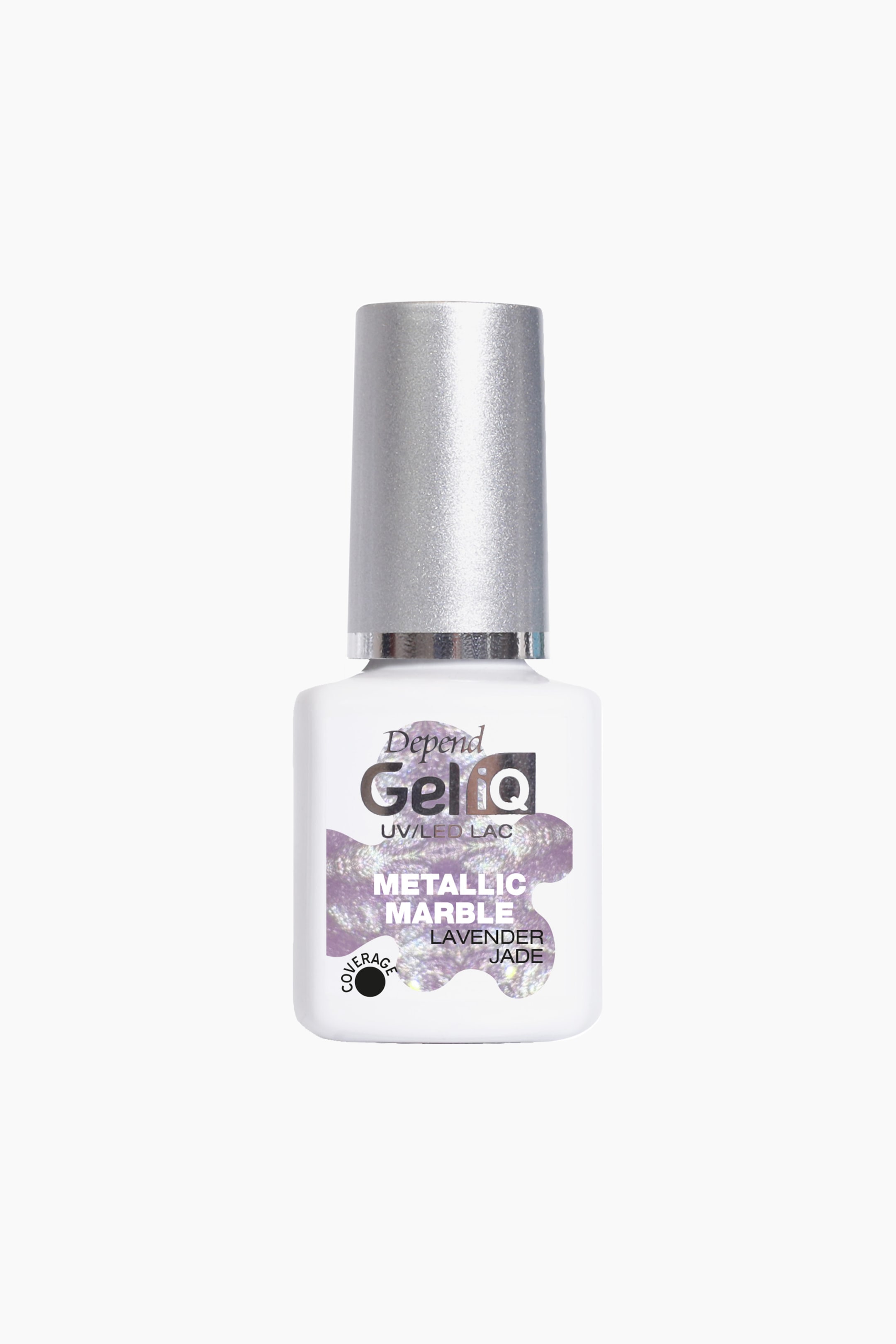 Se større billede: En hvid, uigennemsigtig neglelakflaske med en metallisk sølvhætte vender fremad. Dens frontetiket viser teksten "Depend GeliQ UV/LED LAC METALLIC MARBLE LAVENDER JADE" og en visuel prøve, der viser et skinnende lilla og sølv marmormønster.