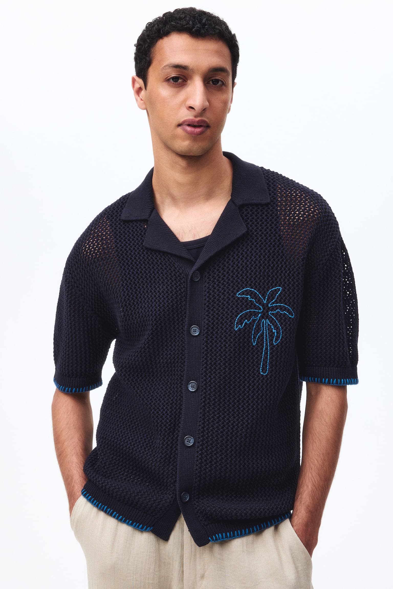 Camisa resort en punto calado Relaxed Fit - Azul marino/Palmera/Crema/Palmera - 1