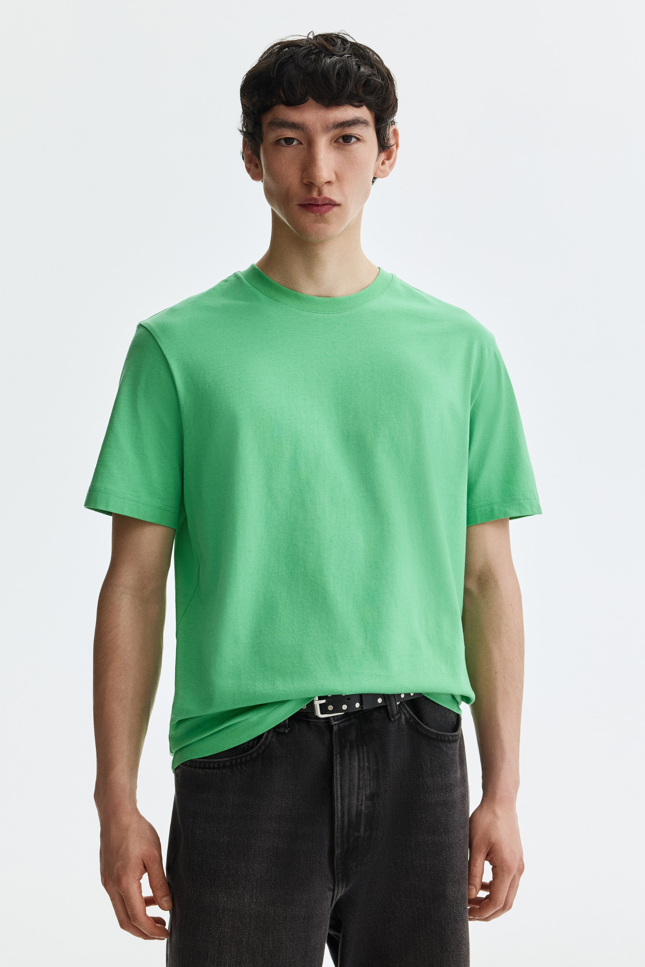 View larger image: A green t-shirt is displayed facing forward, featuring a crew neck and short sleeves. It showcases a smooth texture and a relaxed fit.
