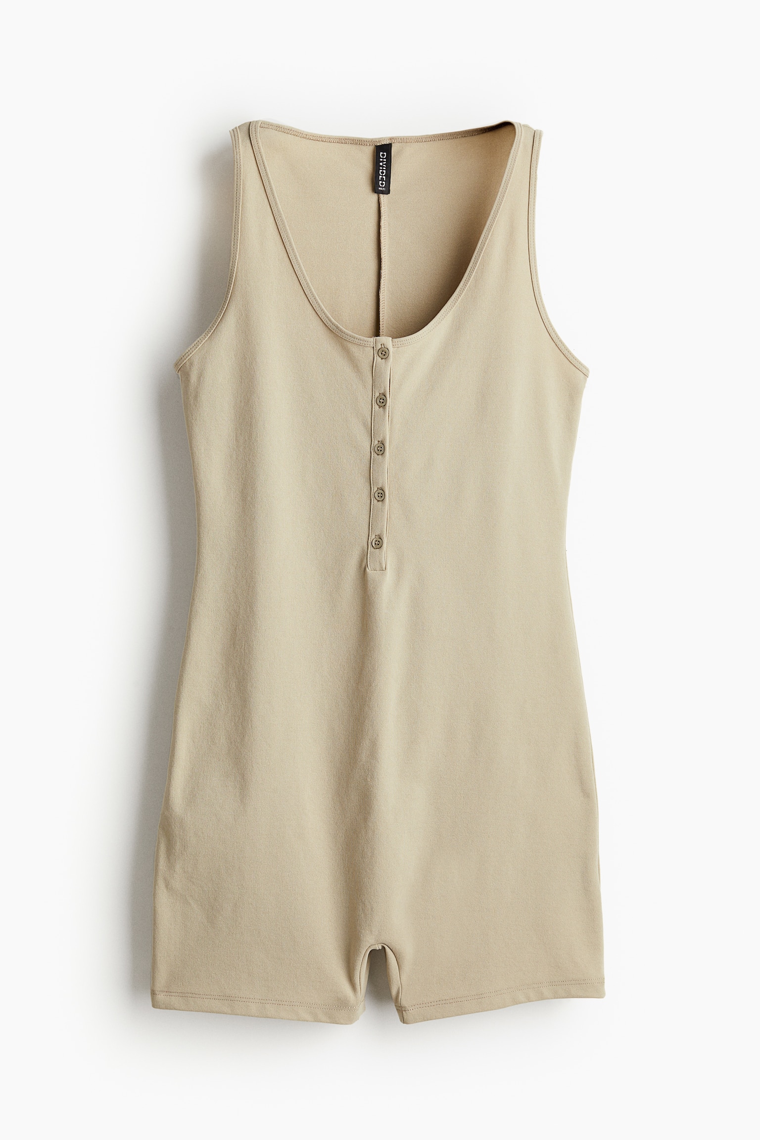 Button Placket Unitard - Beige/Black - 2