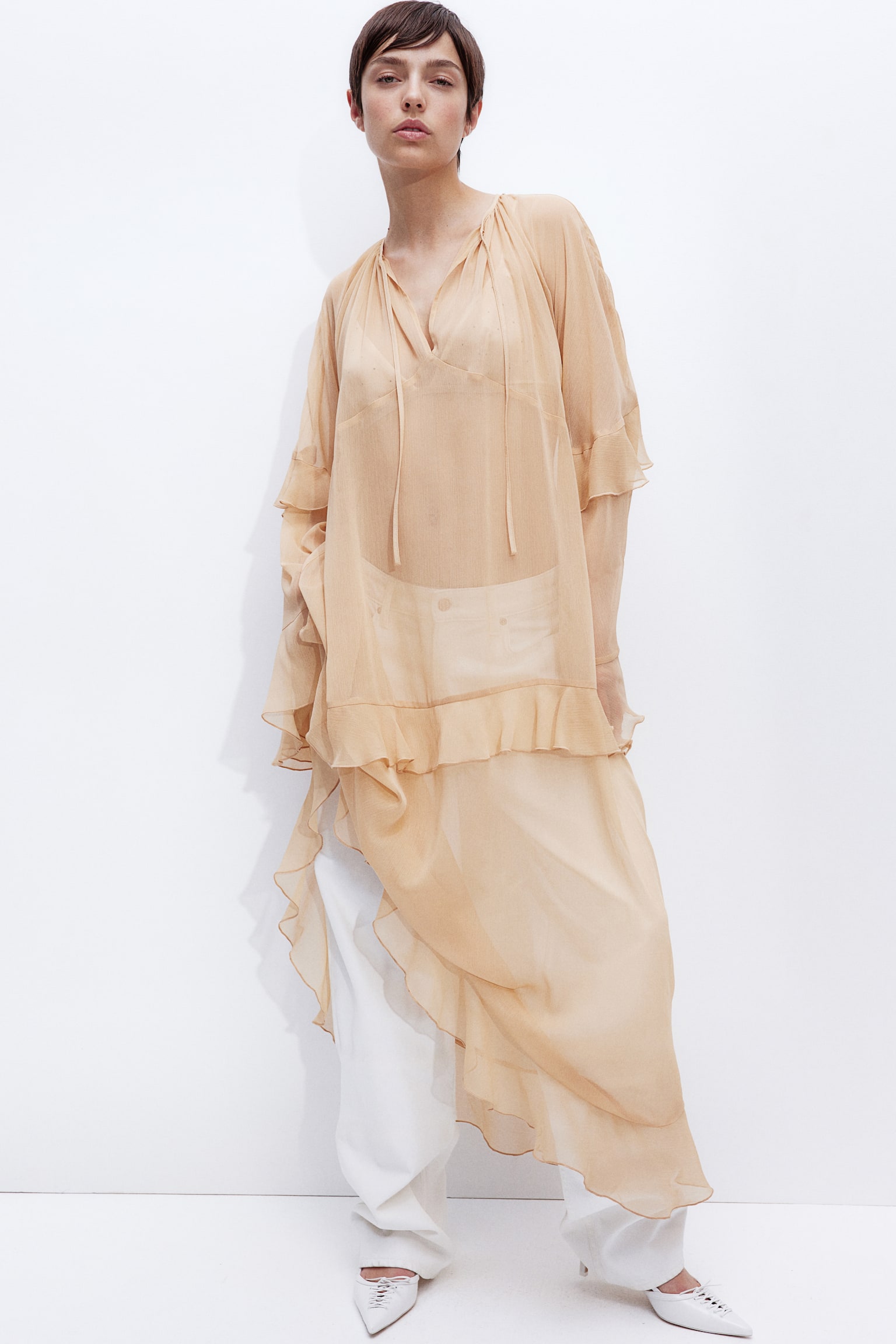 Flounced chiffon dress - Beige/Light blue - 5