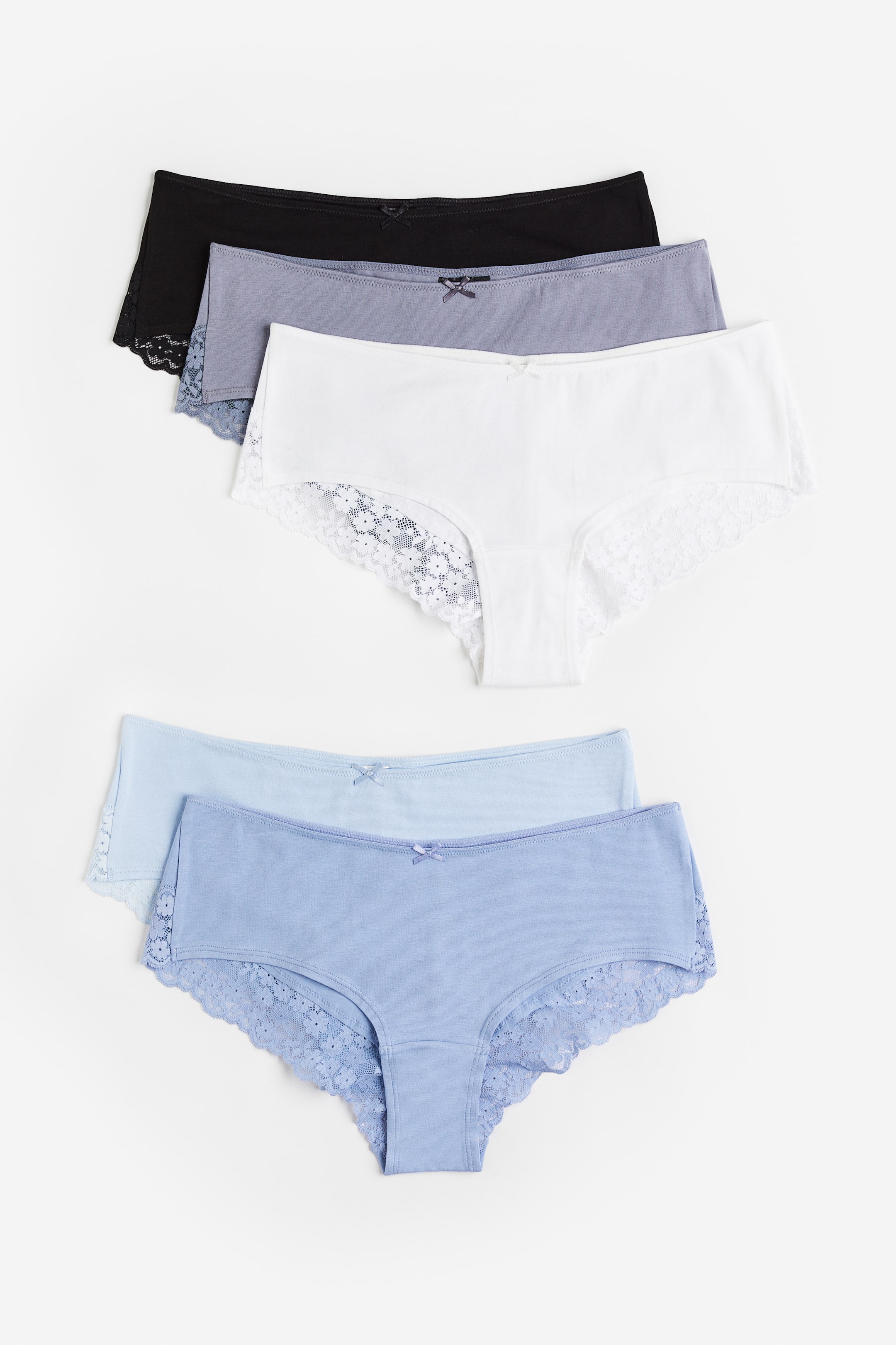 5 Pack Lace Trimmed Cotton Hipster Briefs White Light Blue Ladies