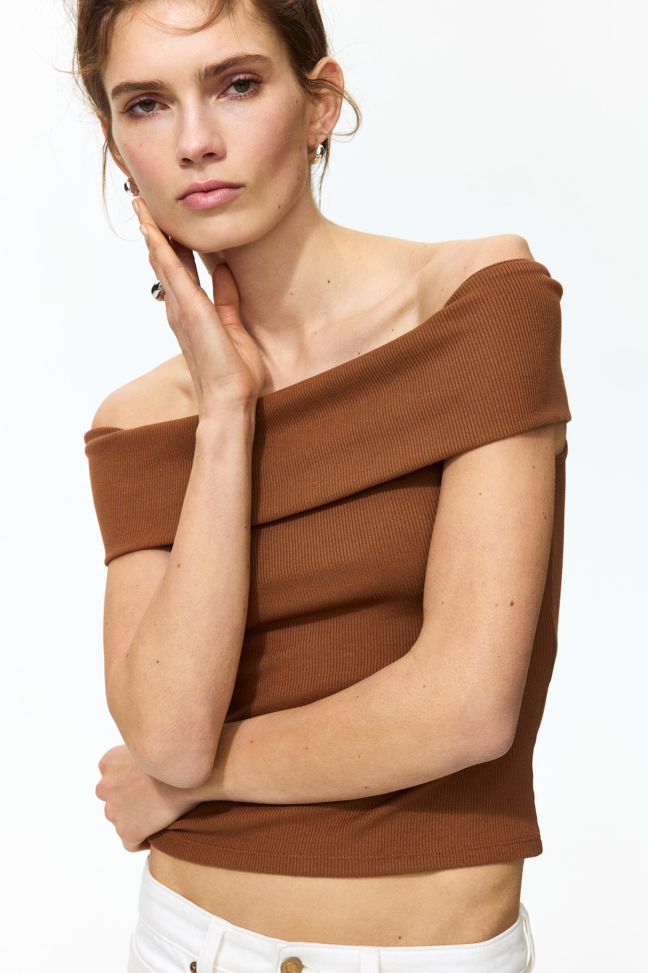 View larger image: Rib-Knit Off-the-Shoulder Top - Brown - Ladies | H&M US 1