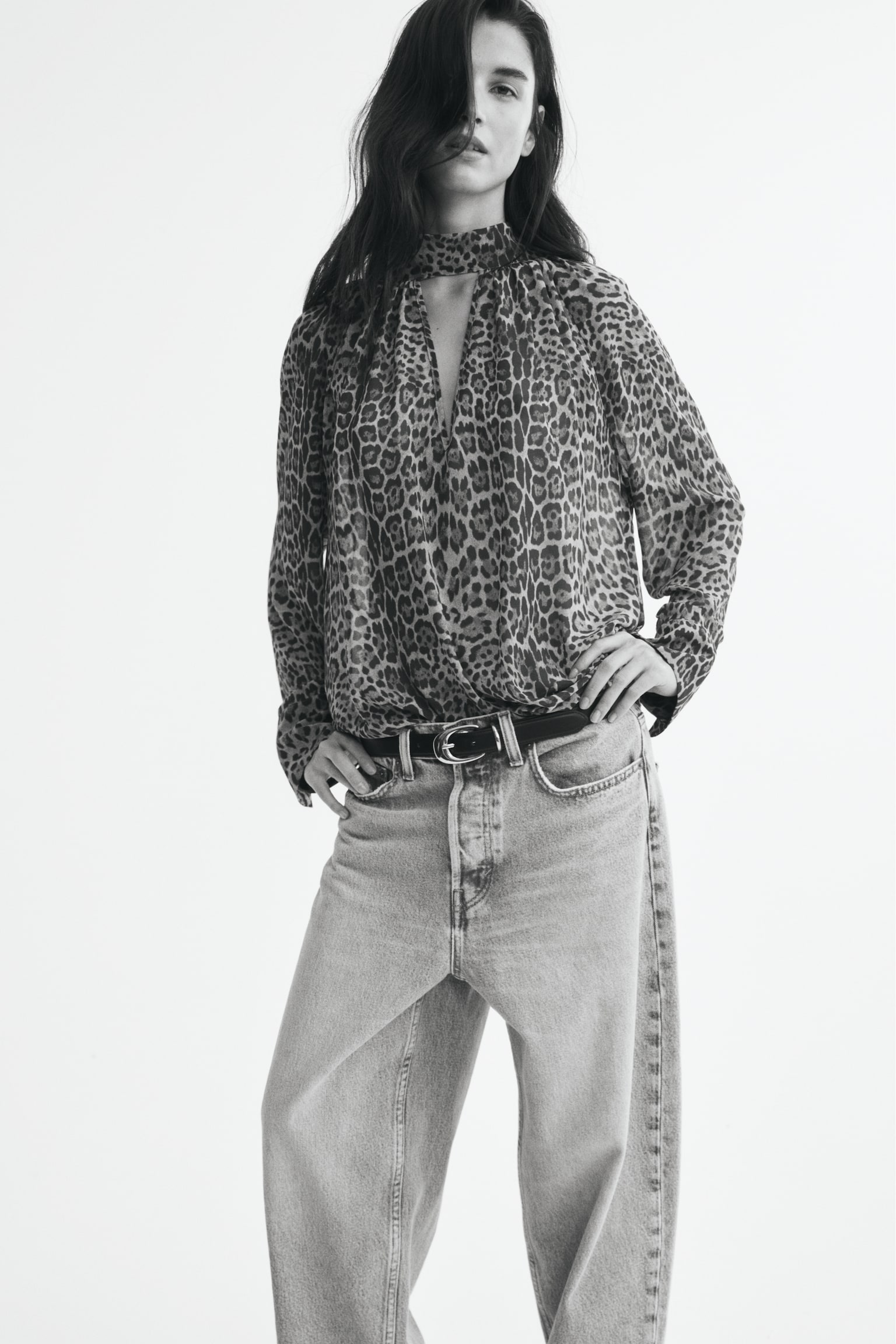 Женская блузка H&M Blouse with Scarf Collar, цвет: Бежевый / Леопардовый с принтом — фото 3