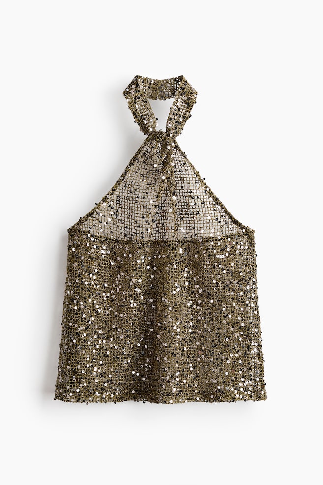Top halter de rejilla con lentejuelas - Verde caqui oscuro - 1