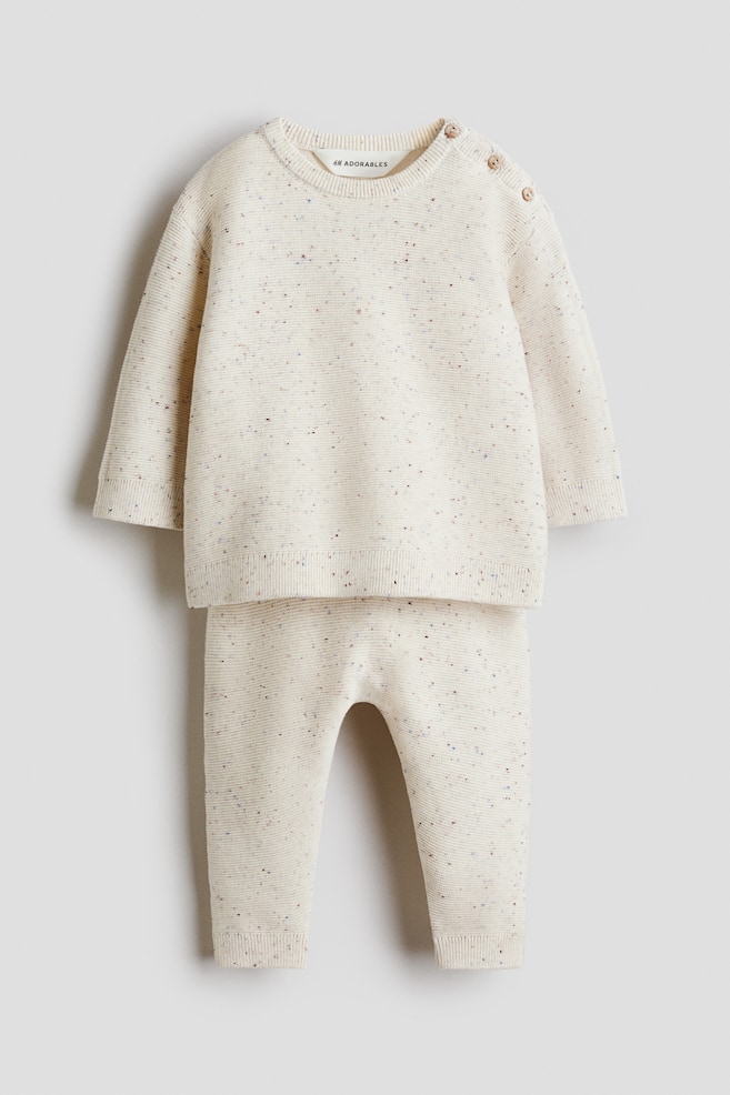 2-Piece Fine-Knit Cotton Set - Cream/nepped/Light khaki green/striped - 1