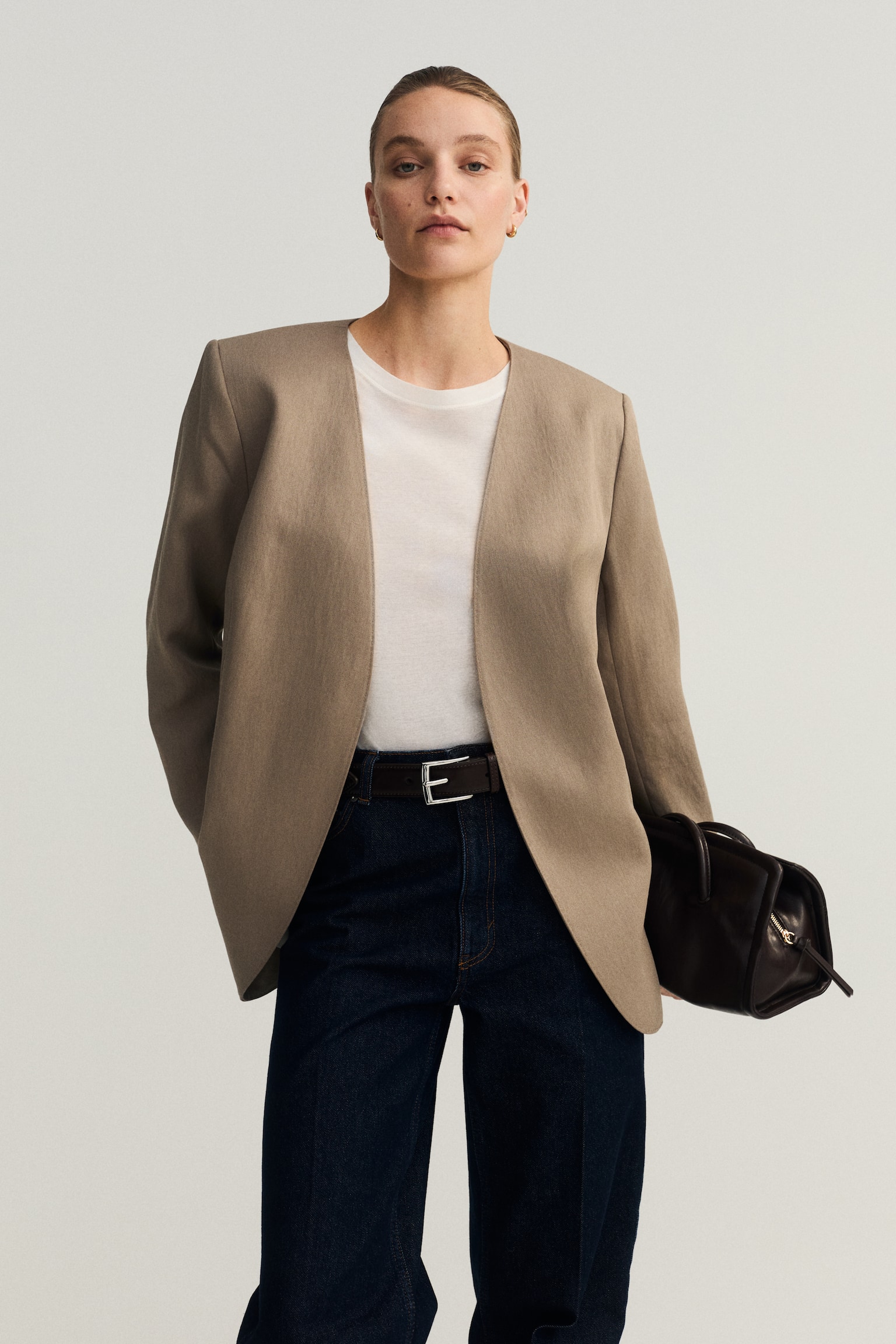 Blazer senza colletto - Beige/Nero - 4