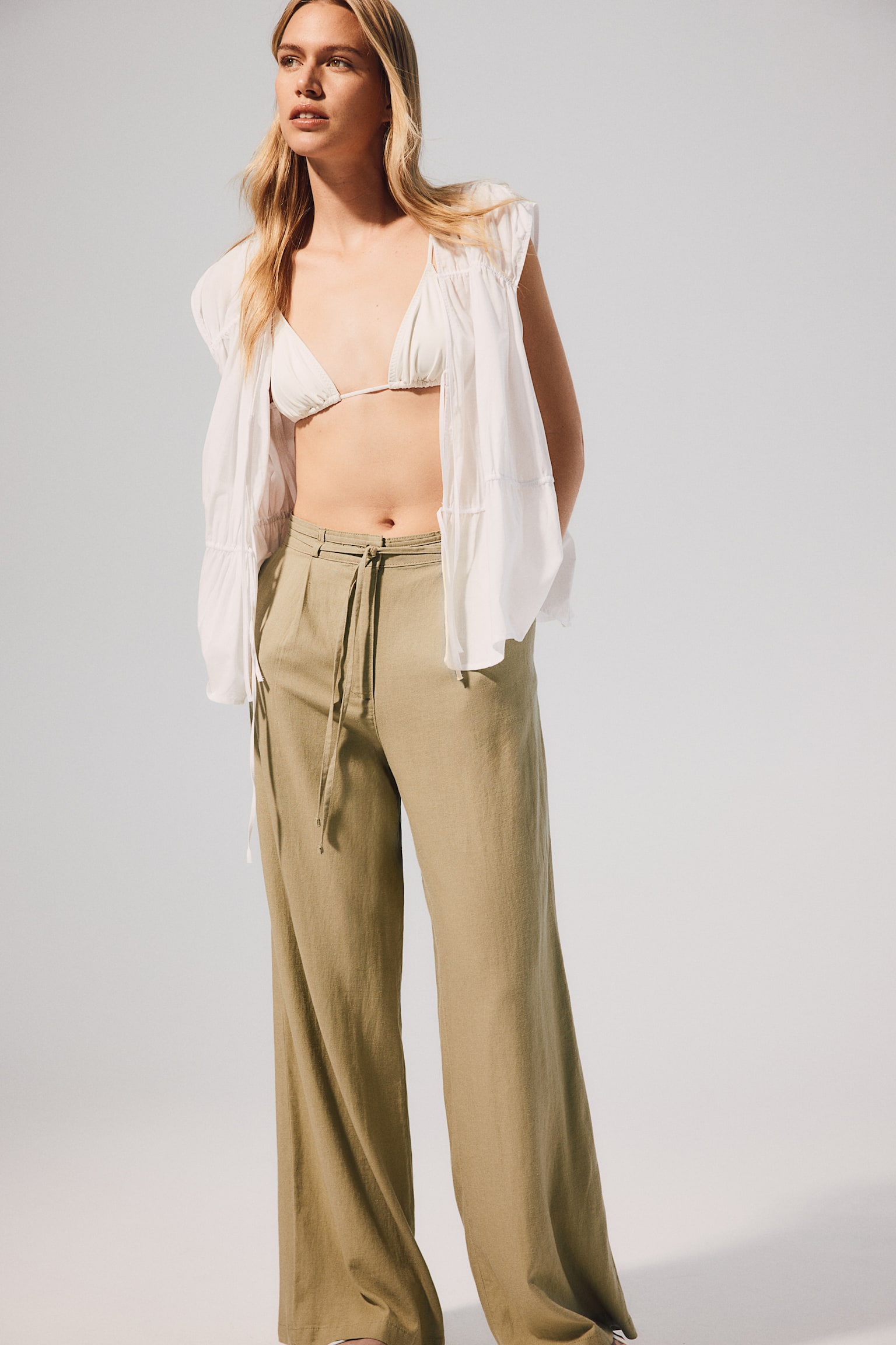 Linen Blend Tie Belt Pants - Beige/Black - 1