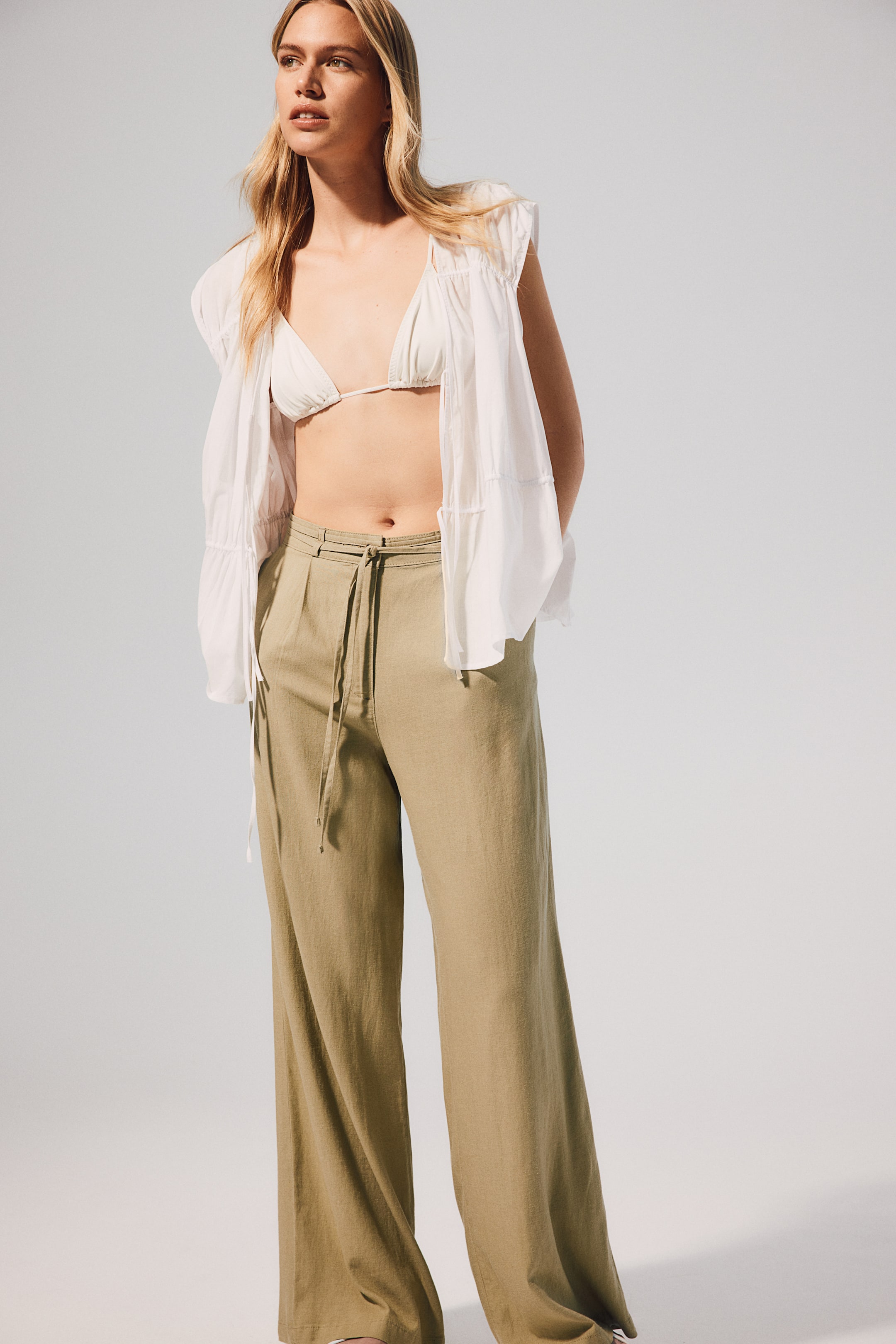 Linen-blend Tie-belt Pants