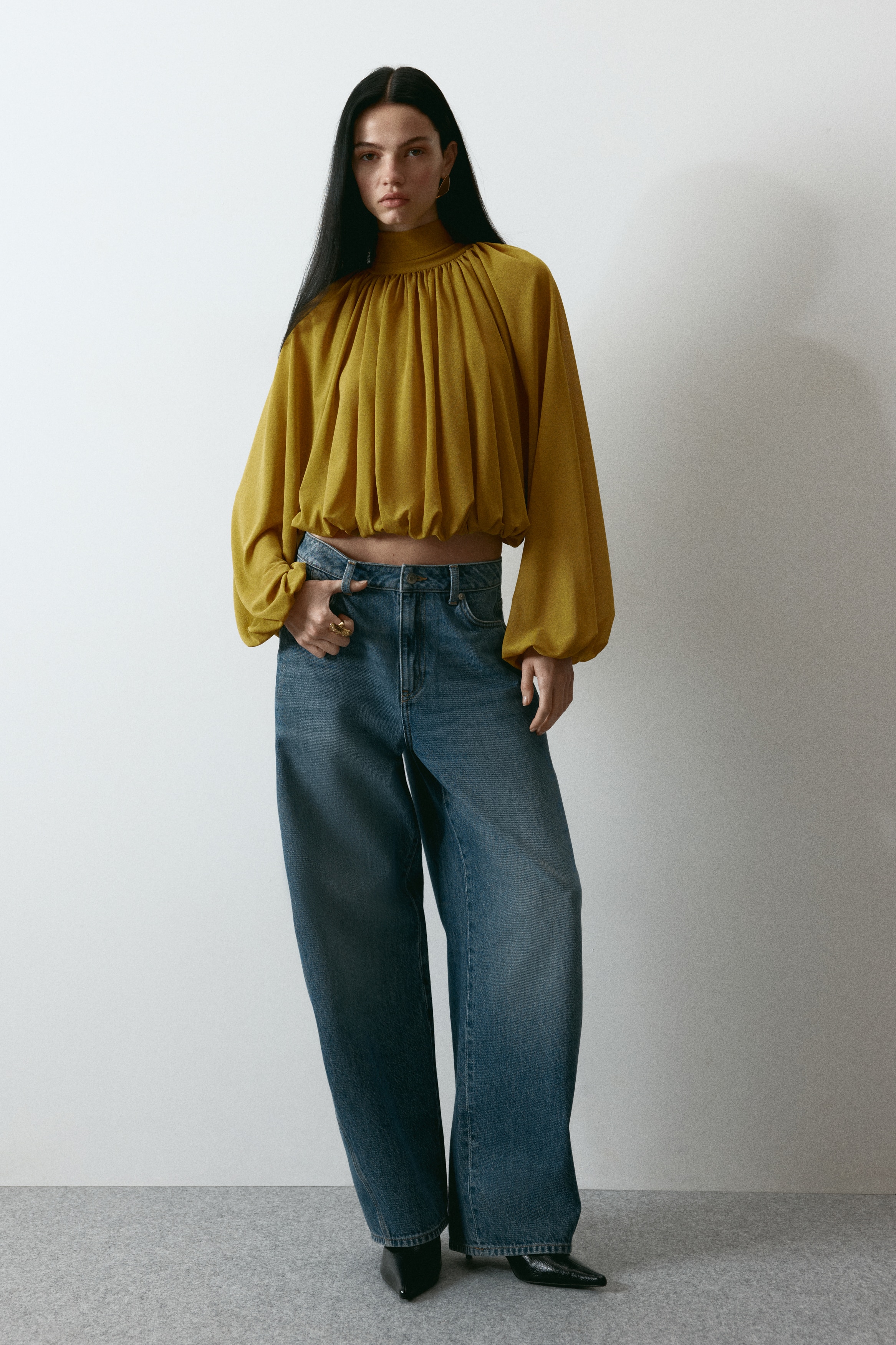 Blouse avec col à nouer - Jaune moutarde/Rose pêche