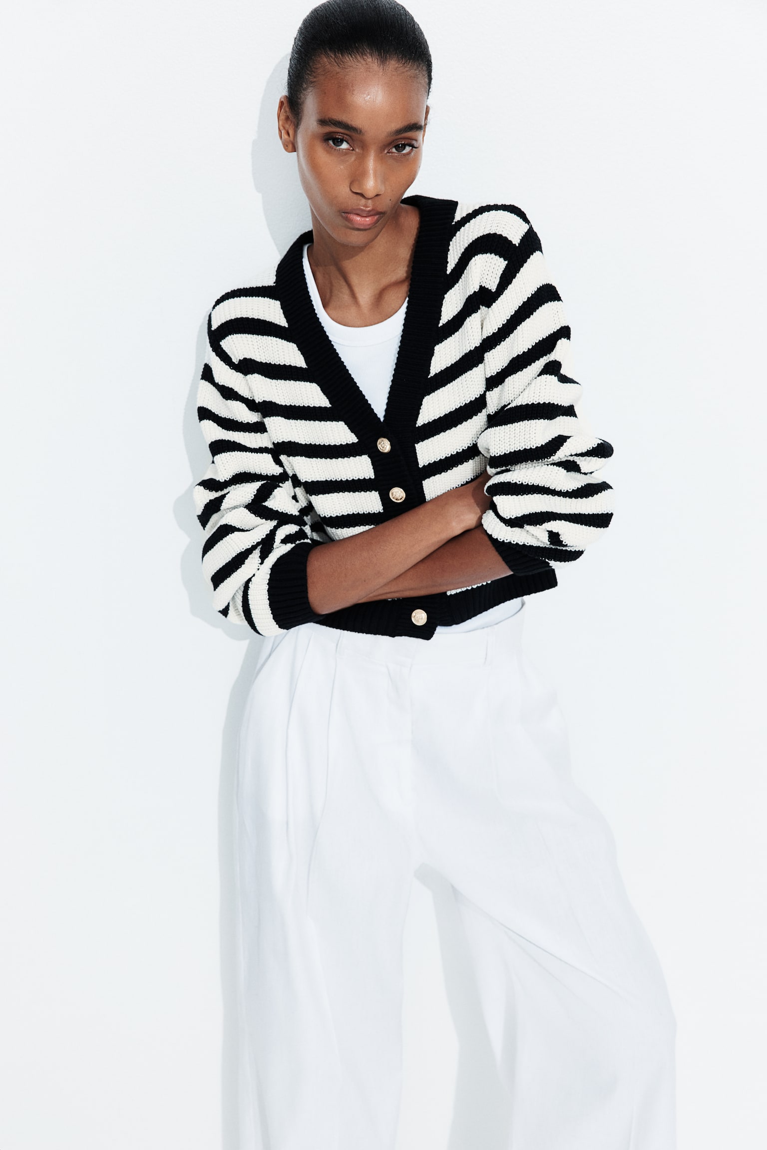 Rib-knit cardigan - White/Black striped - 5