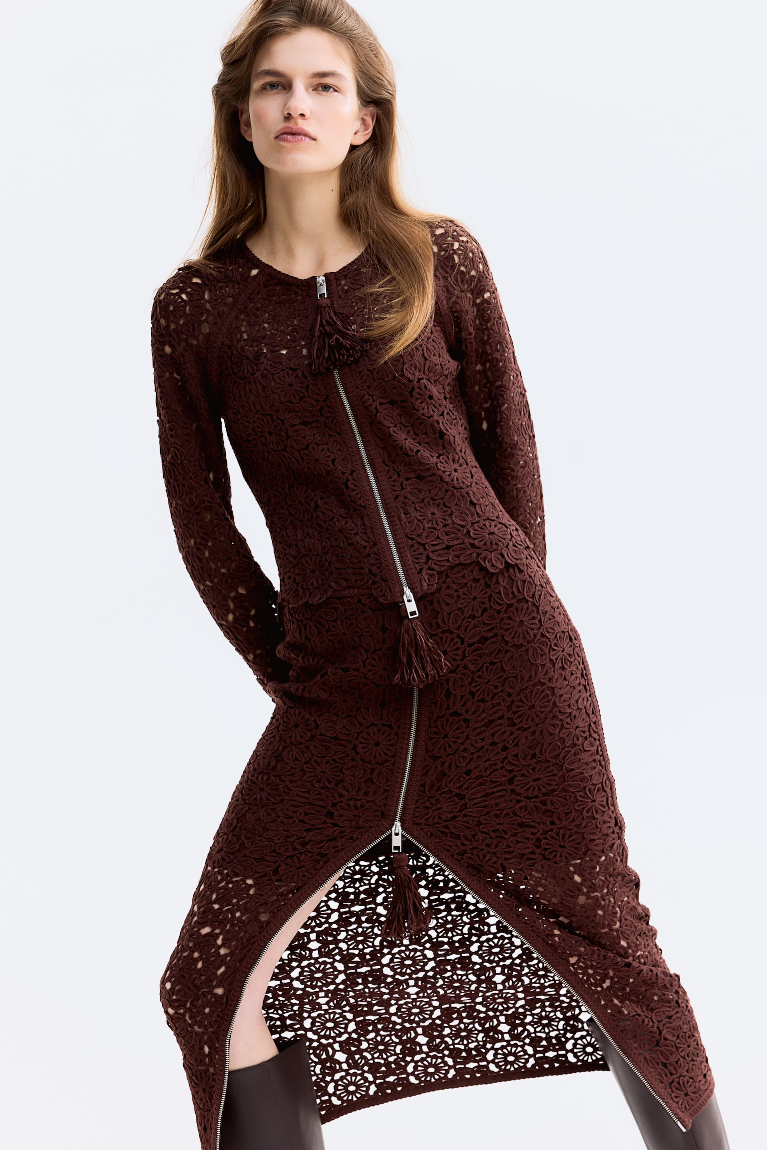 鉤花造型裙 - 深咖啡色 - 5