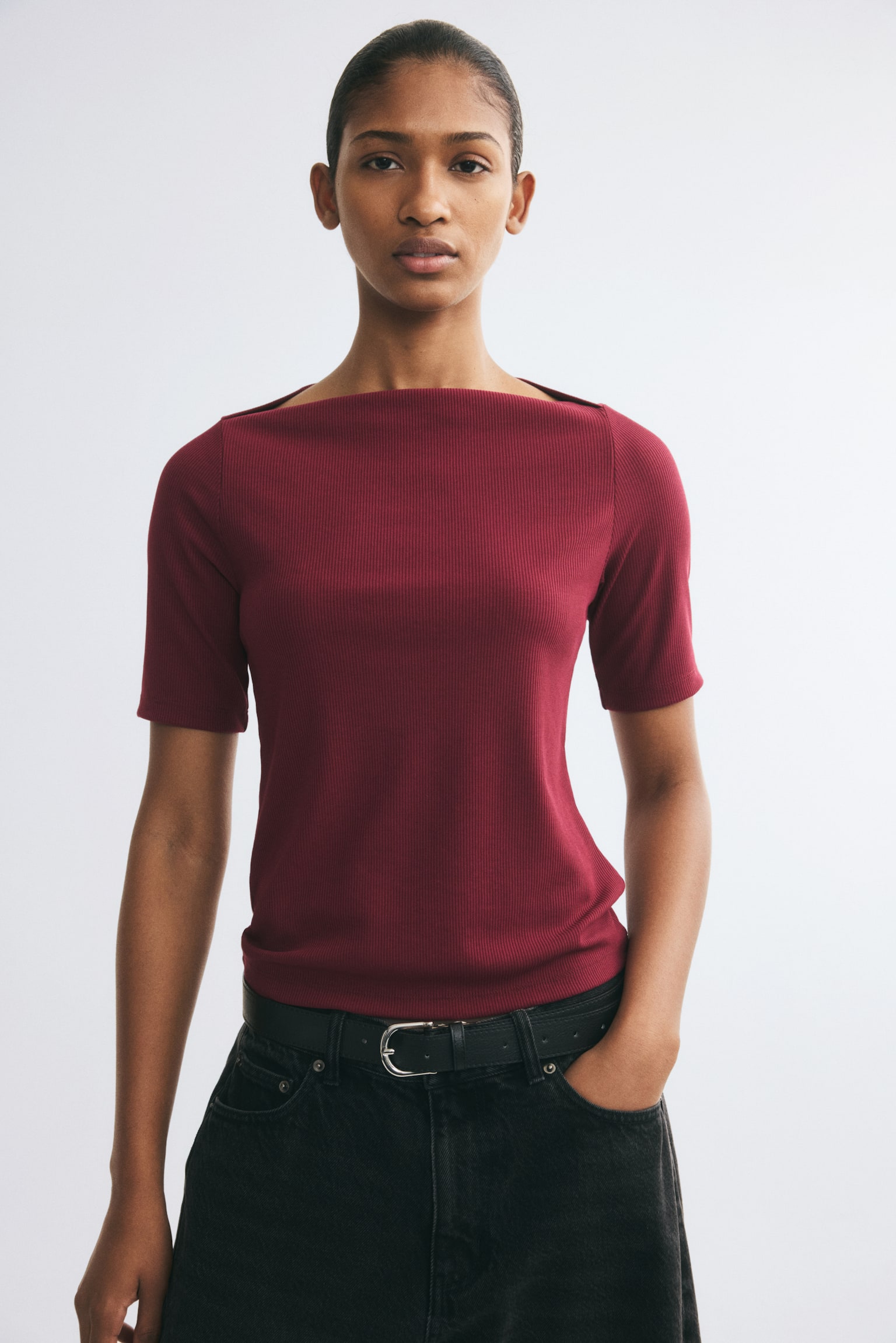 Женский топ H&M Rib-Knit Boat-Neck Top, цвет: Бордовый — фото 3