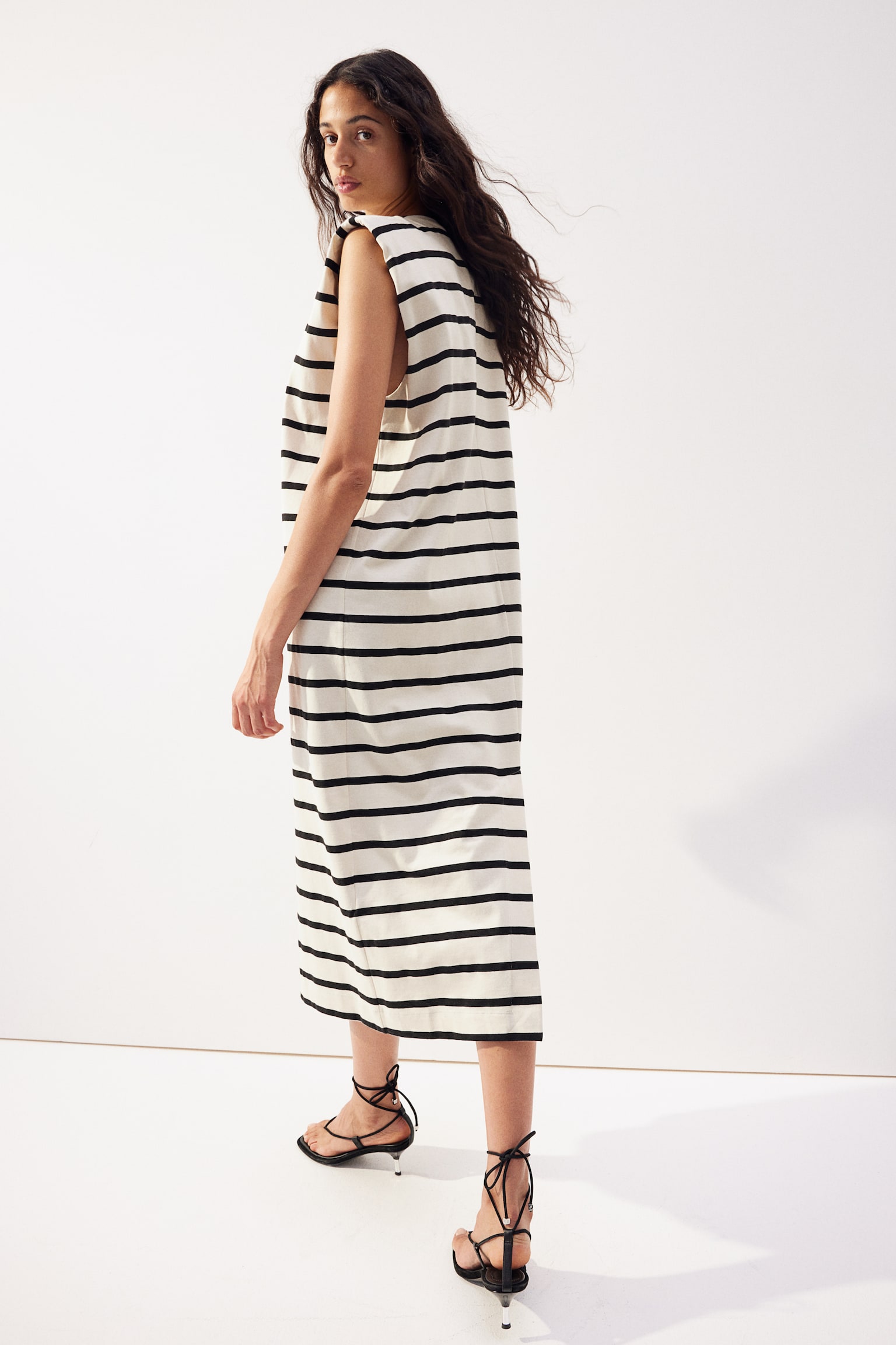 Sleeveless Shoulder Pad Dress - White/Stripe/White/Black - 6