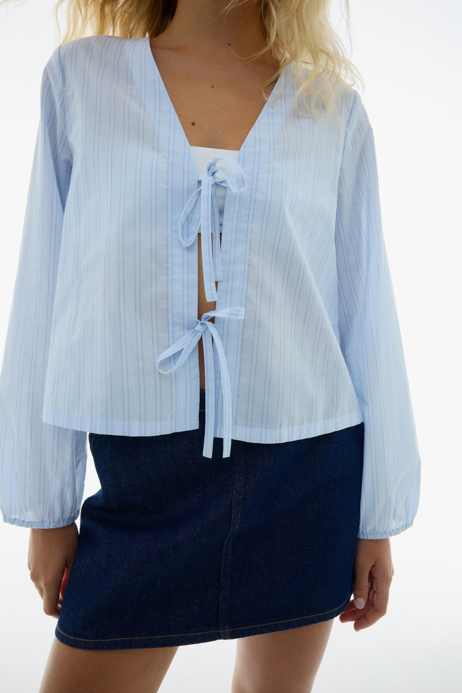 Blusa de algodón con lazos al frente - Azul claro/Franjas/Rosa claro/Franjas/Blanco - 7