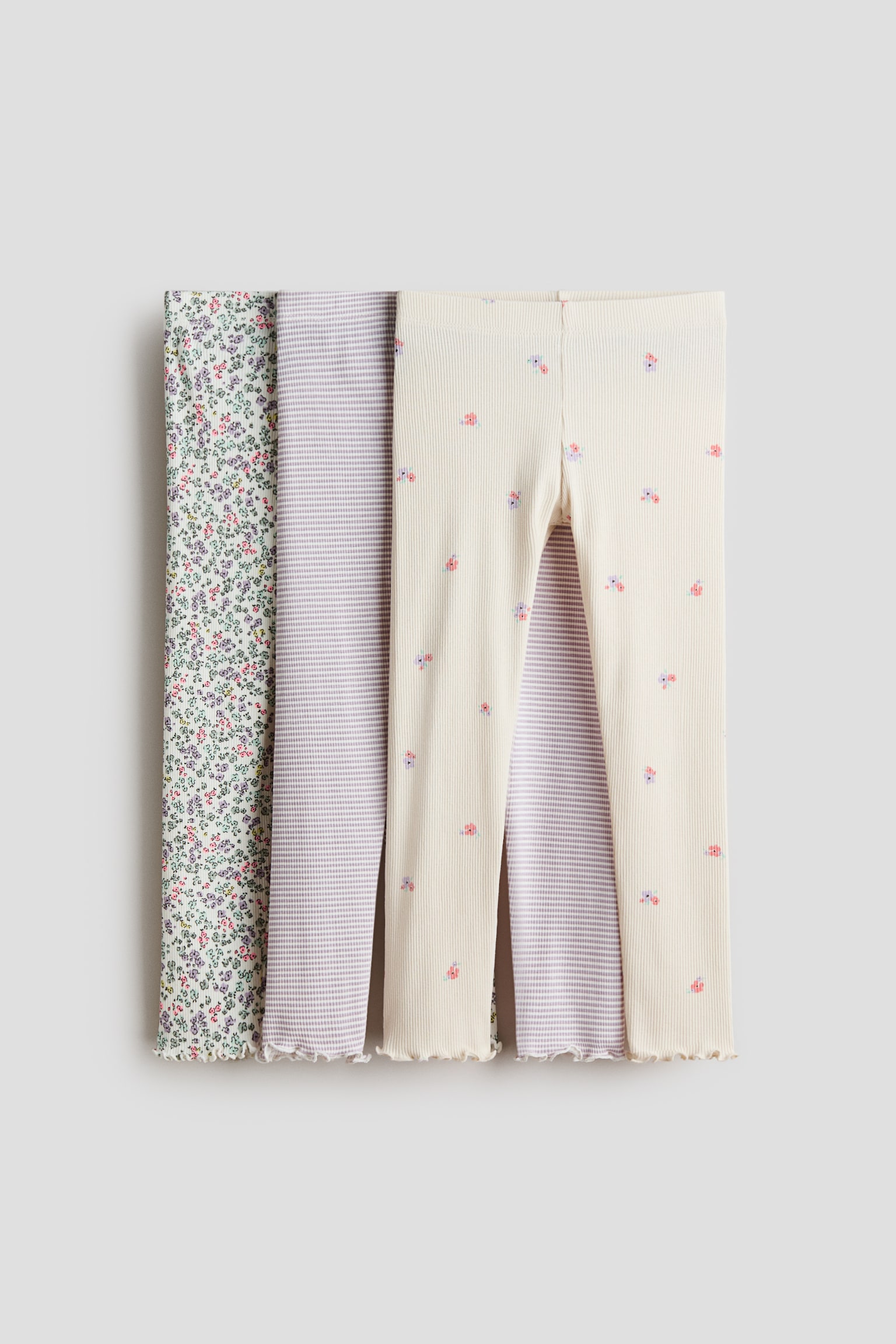 3'lü Pamuklu ve Ribanalı Tayt - Açık mor/Çiçekli/Açık pembe/Leopar desenli