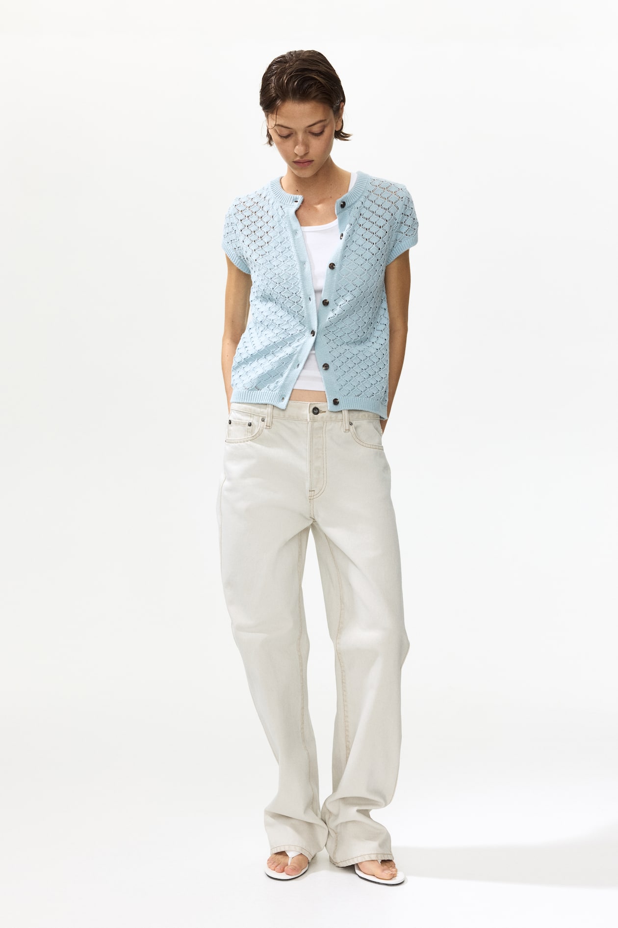 Cap-Sleeved Pointelle-Knit Cardigan - image 2
