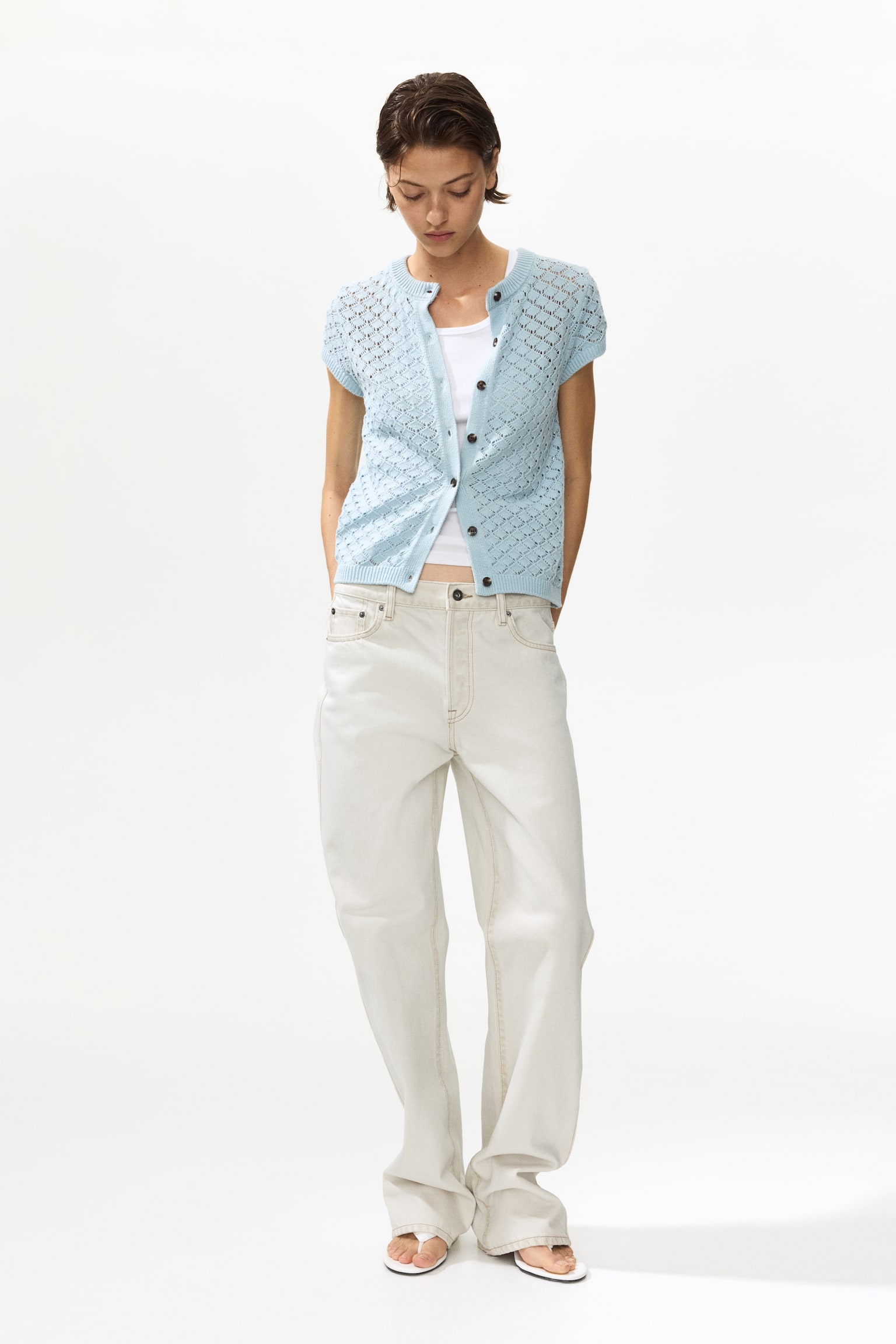 Cap-sleeved pointelle-knit cardigan - Dusty blue/Brown/Light beige - 3