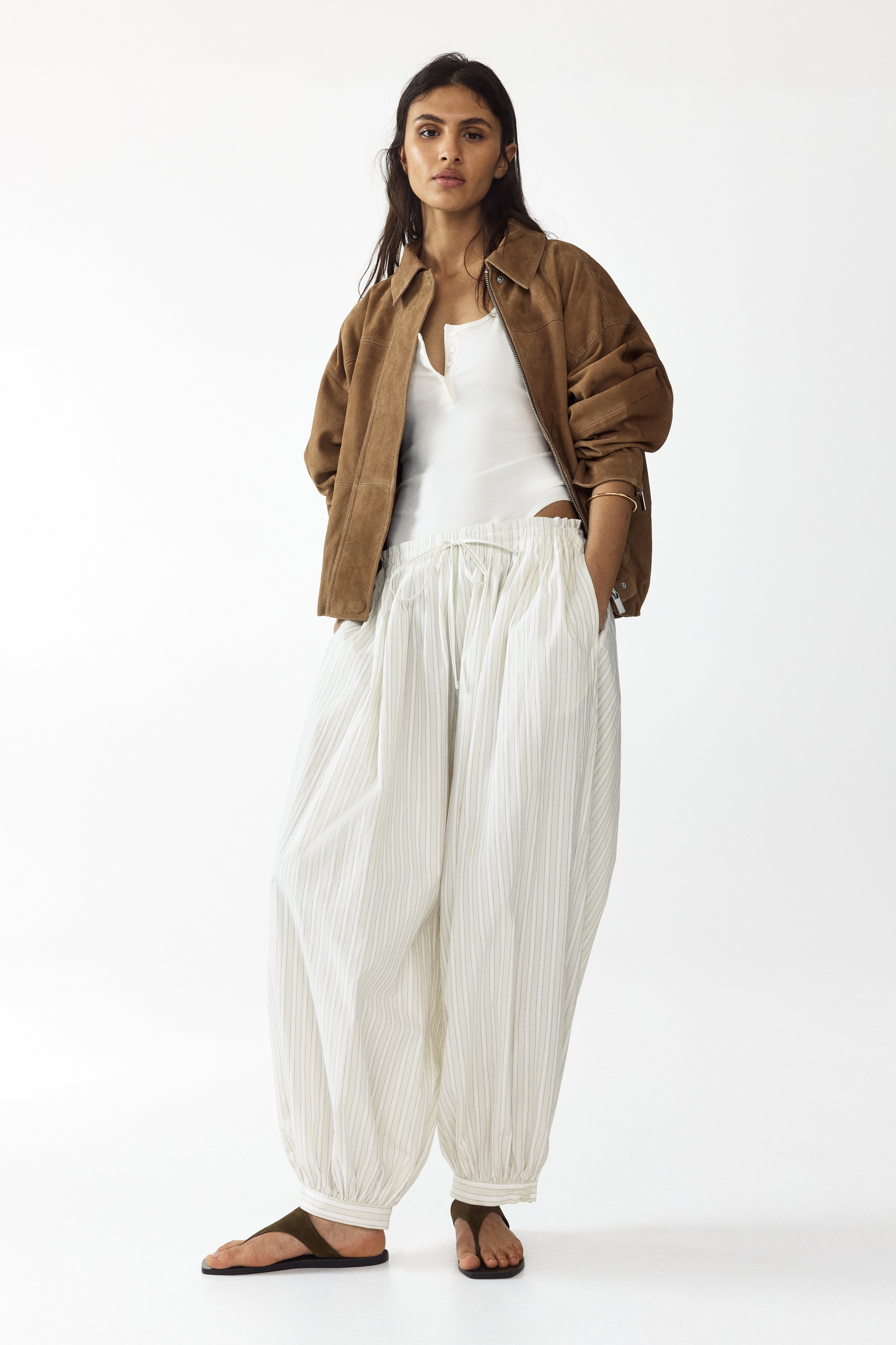 Katoenen ballonbroek - Lichtbeige/gestreept