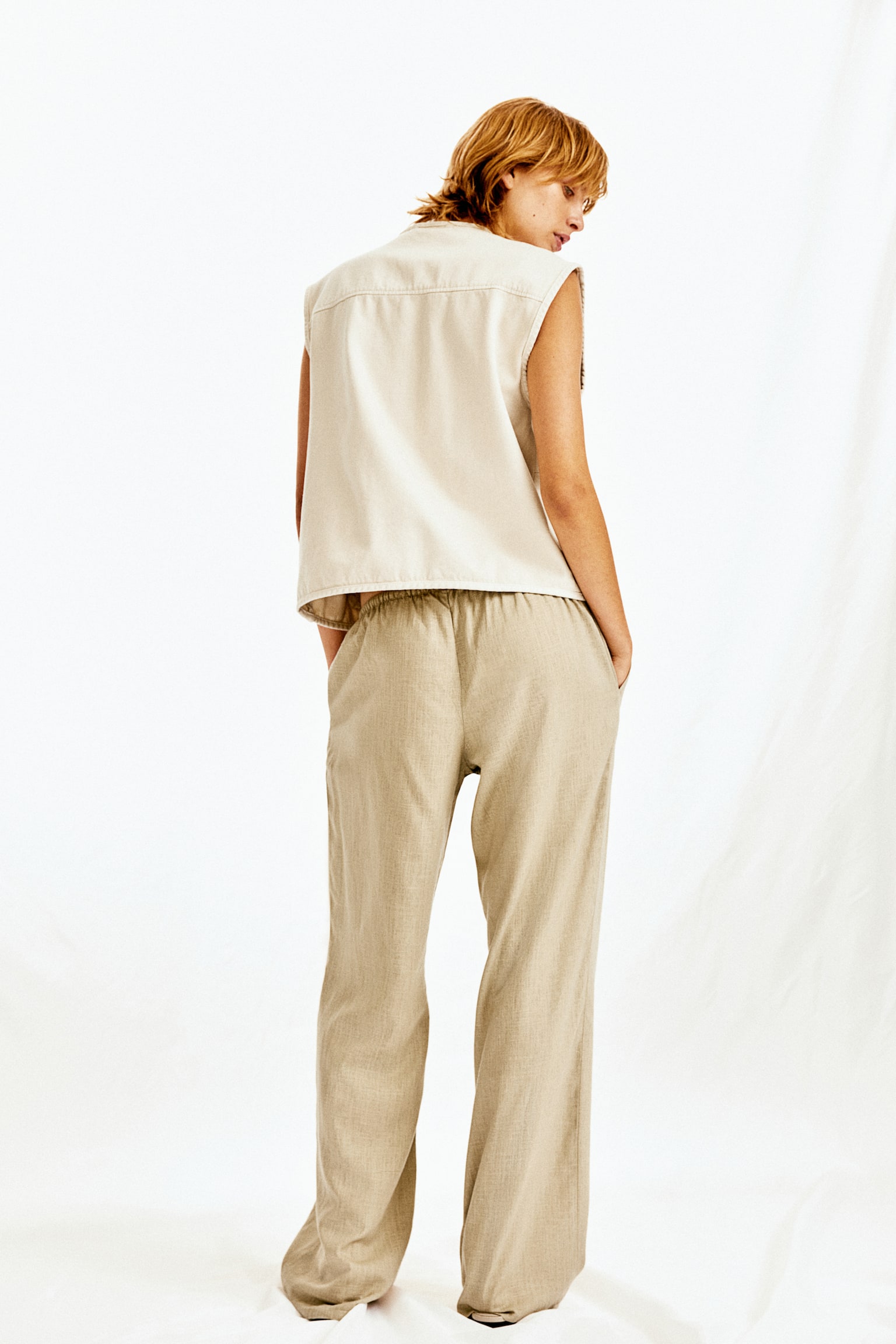 Linen Blend Pull On Pants - Beige/Light greige/White/Black/Cream/Stripe/Light grey/Light purple - 4