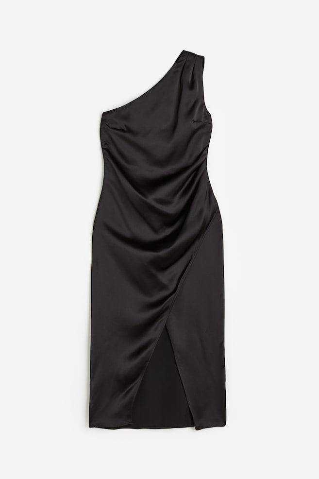 One shoulder-kjole i satin - Sort/Creme - 2