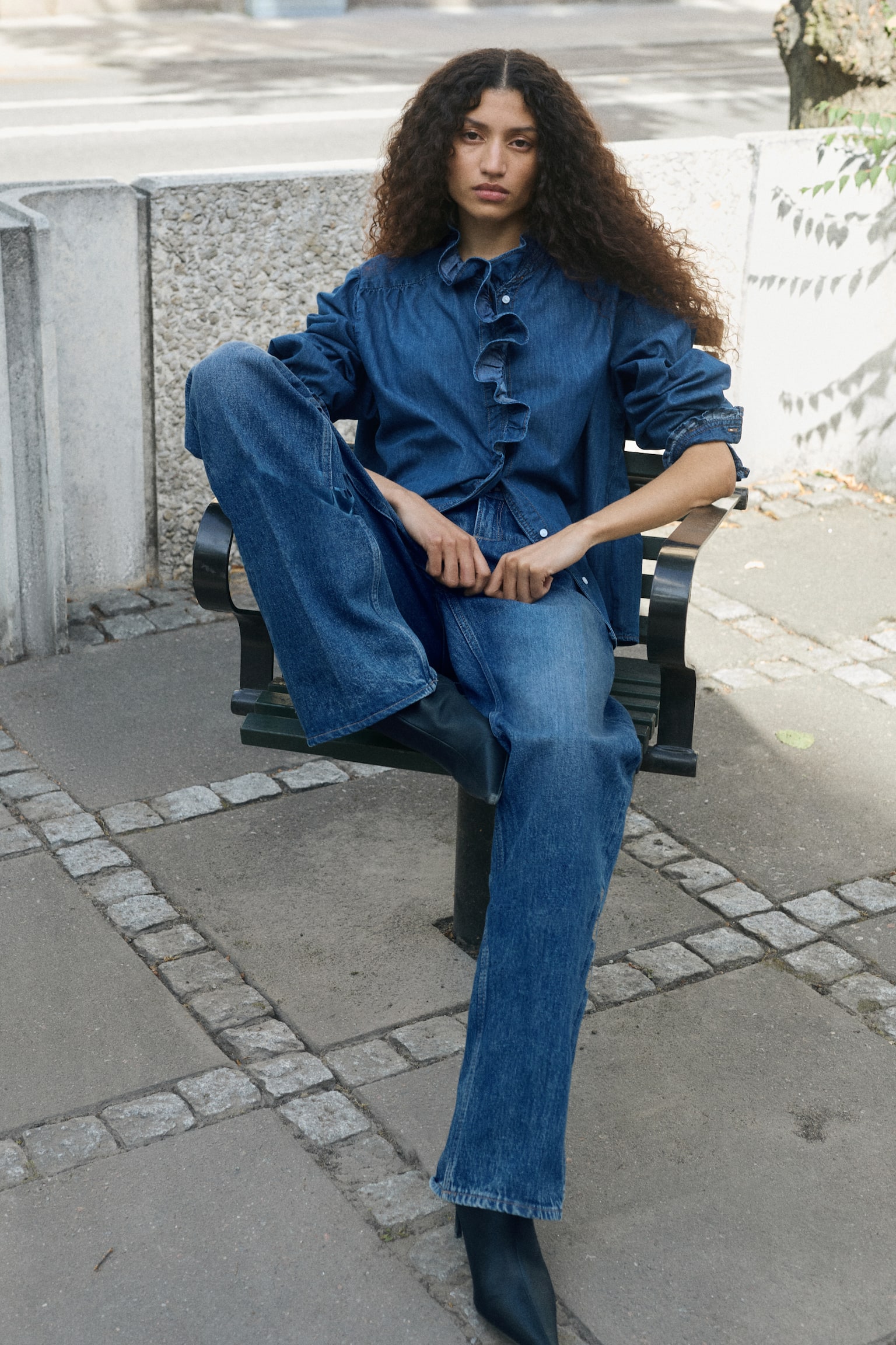 Frill-trimmed denim blouse - Dark denim blue - 1