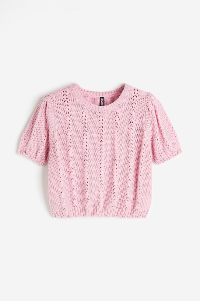 Textured-knit puff-sleeved top - Light pink/Cream/Black - 2