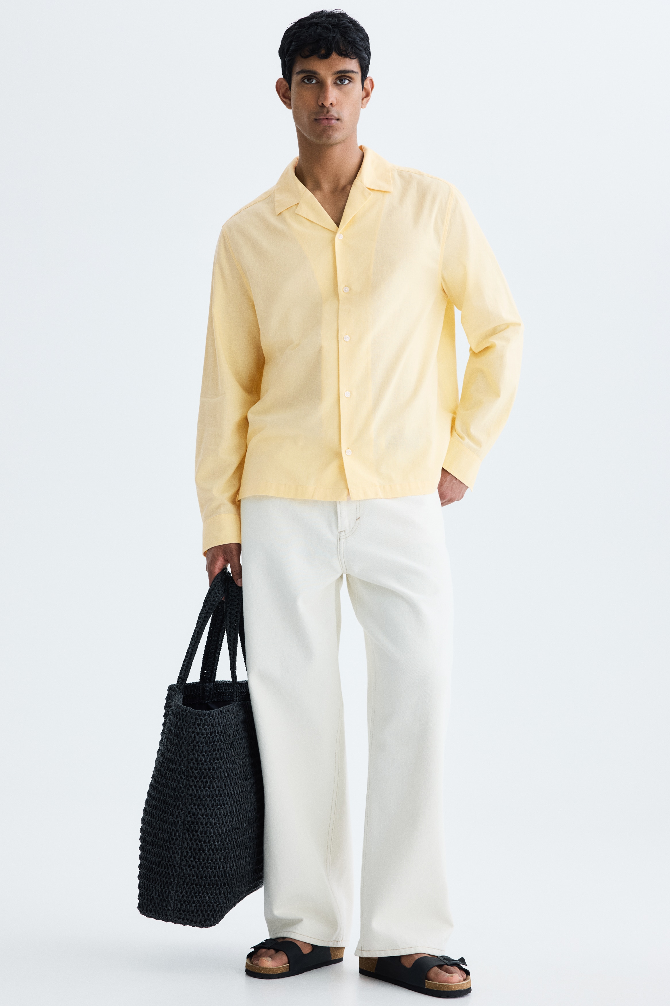 Relaxed Fit Linen-blend resort shirt - Light yellow/Dark green/Dark brown/Light pink