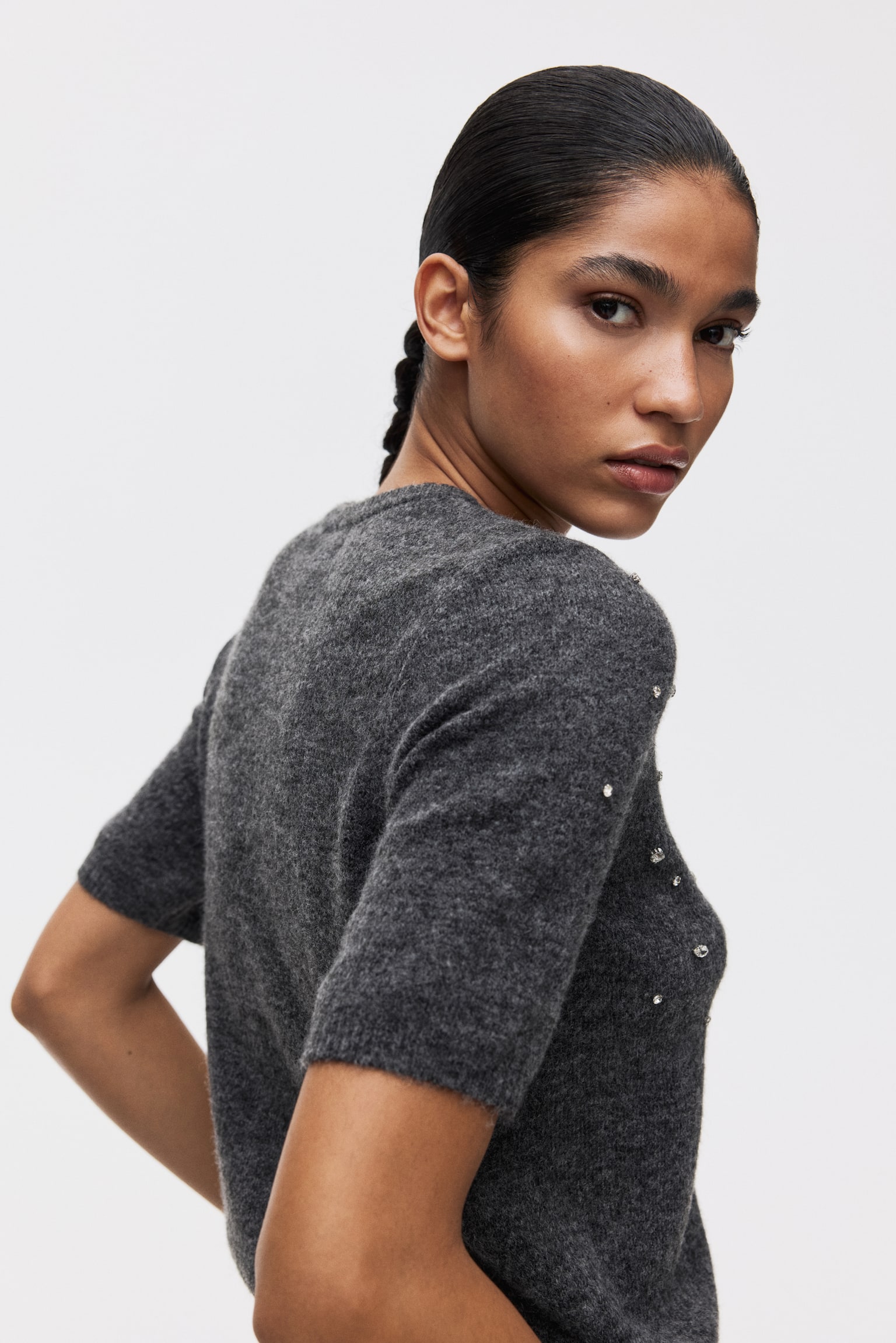 Rhinestone-embellished fine-knit top - Dark grey marl/Dark khaki green/White - 3