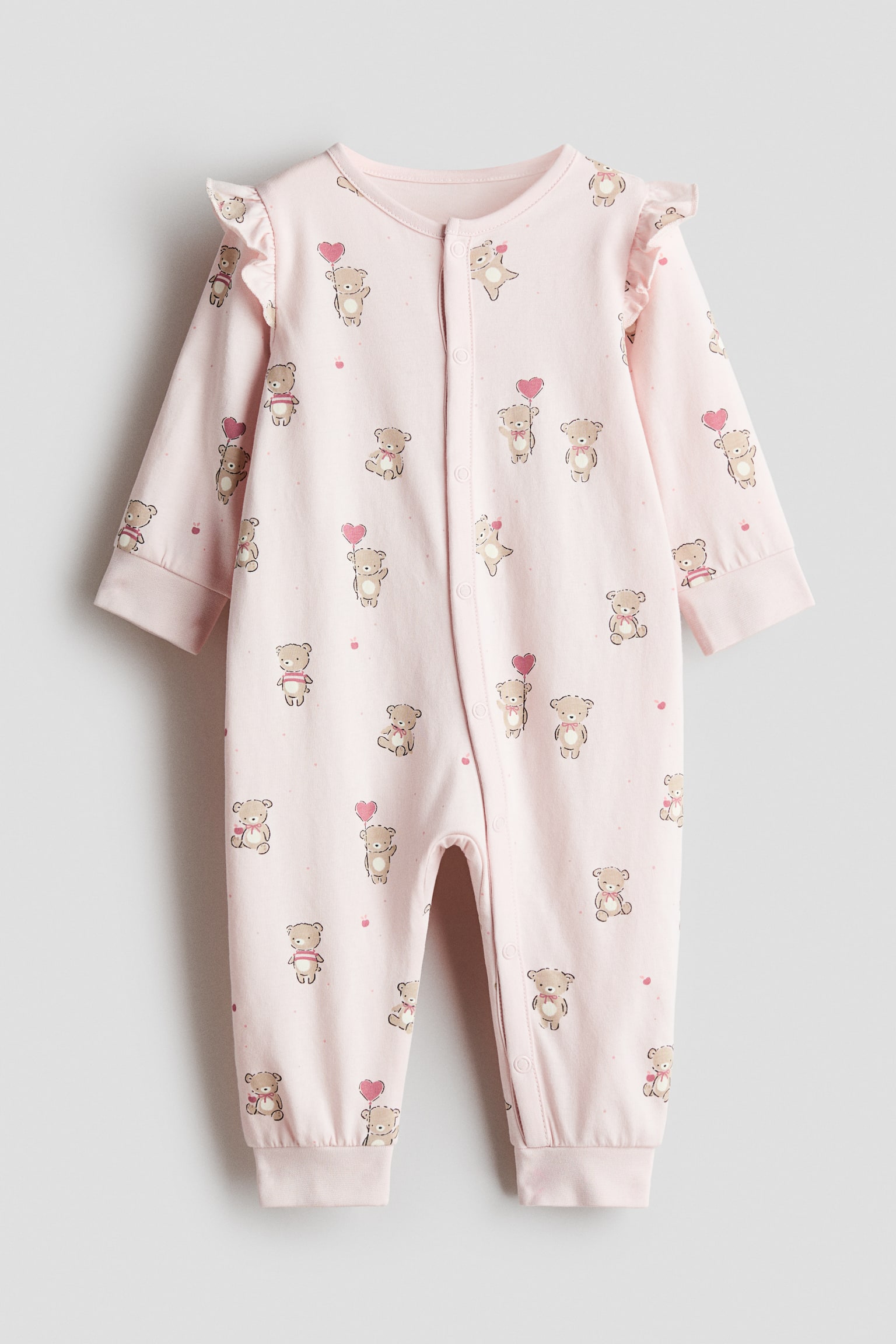 Ruffle-Detail Cotton Pajama Jumpsuit - Light pink/teddy bears
