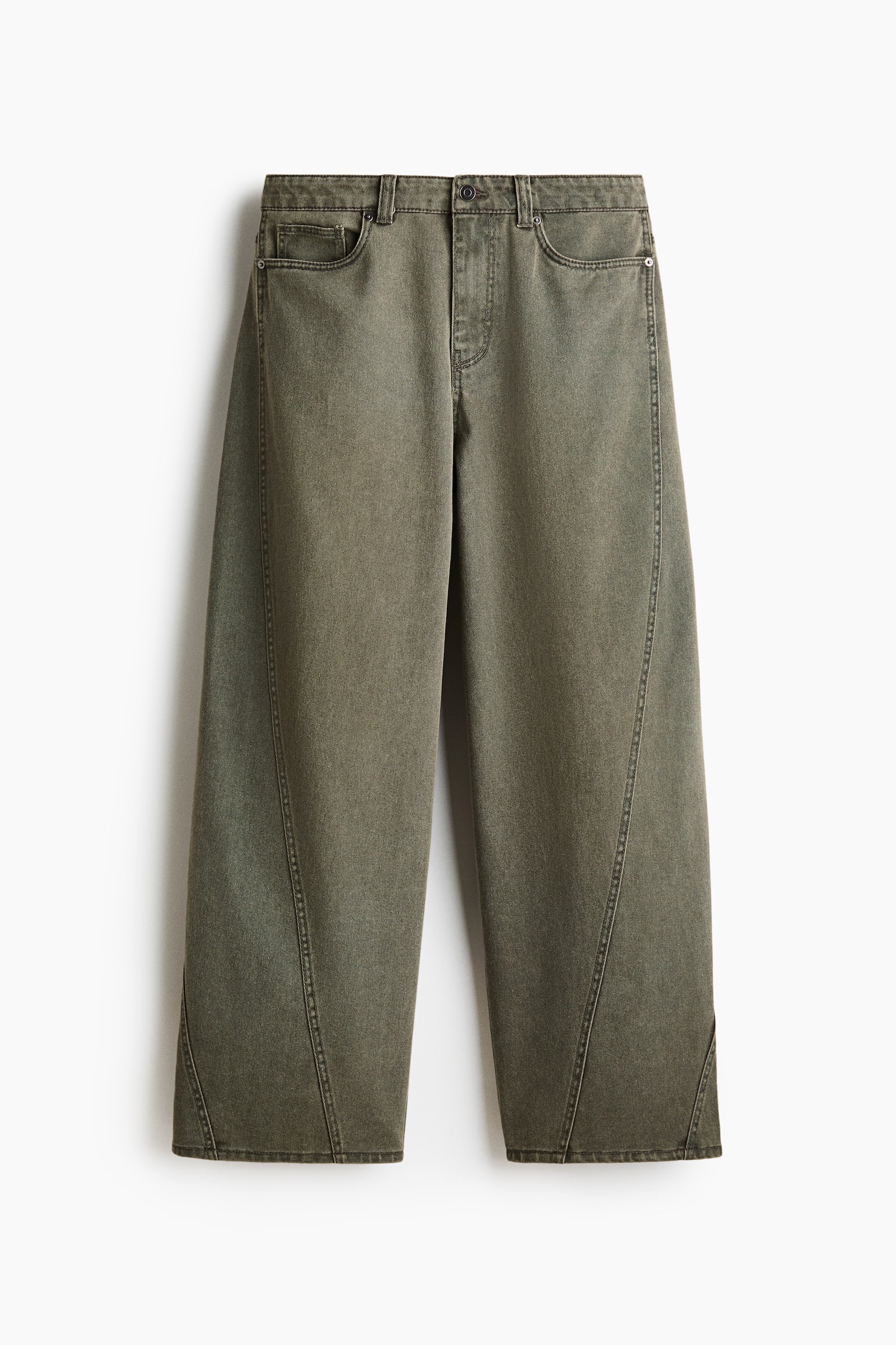 Olive green wide-leg jeans are featuring a faded wash, a button and zipper closure, and front scoop pockets. Prominent curved vertical seams are running down the front of each leg, ending in a notched hem. - 1