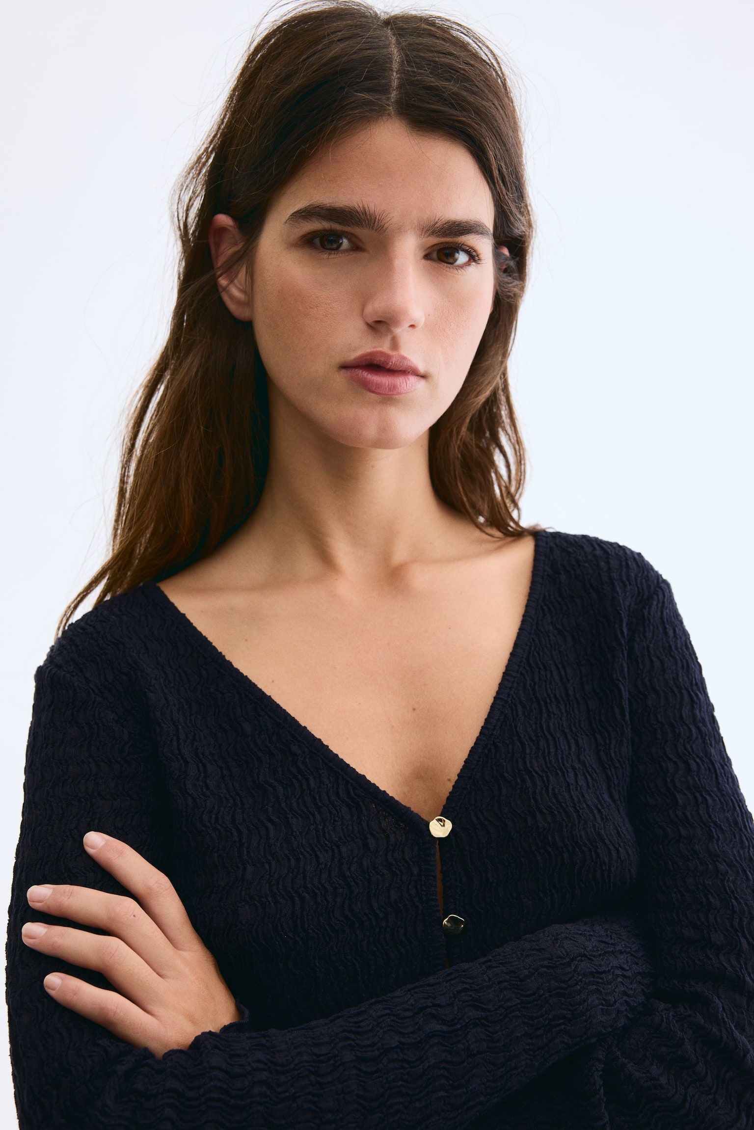 Cardigan with Overlocked Edges - Navy blue/Brown - 3