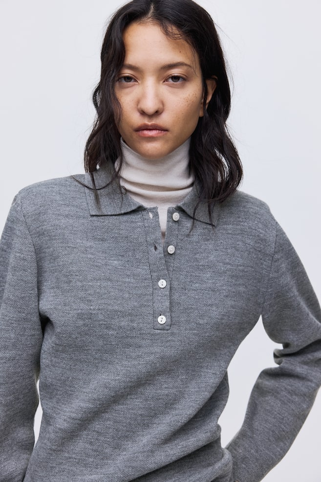 Shoulder-Pad Polo Sweater-Gray melange - 6
