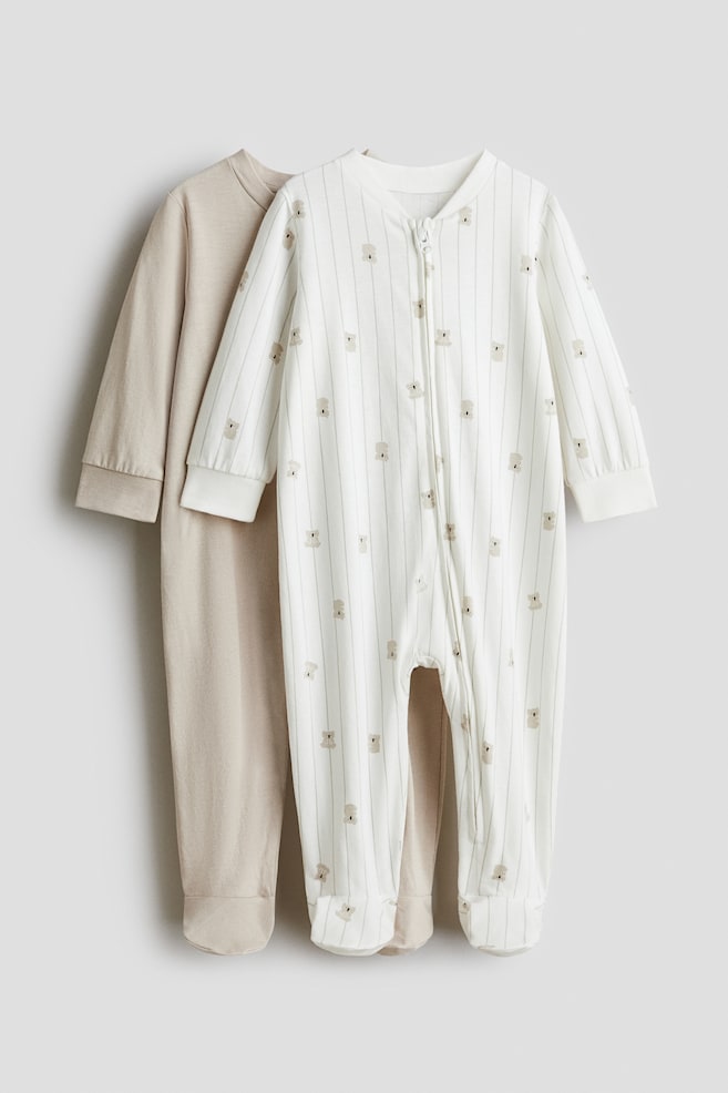 2-pack zip-up sleepsuits - Light beige/White/Light grey/Teddy bears/Light purple/Bows/Light blue/Clouds/Beige/Animals - 1