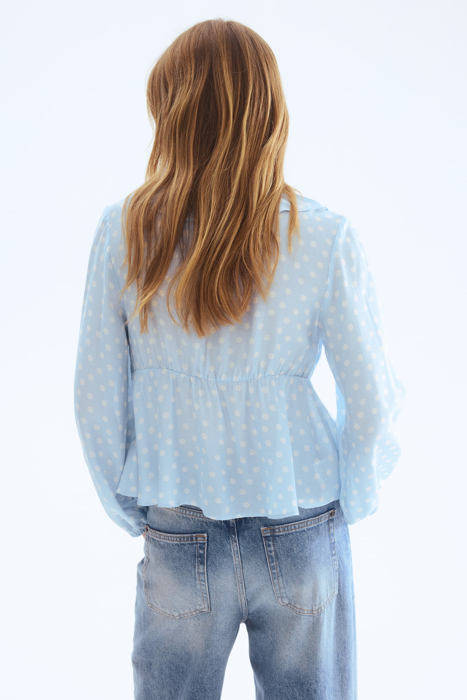Flounce-trimmed blouse - Light blue/Polka dot - 4