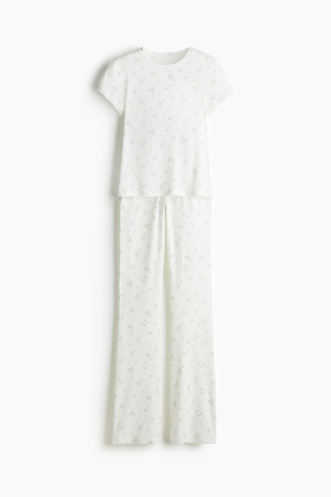 Ribbed Modal Pajamas - White/blue floral/Pink - 1