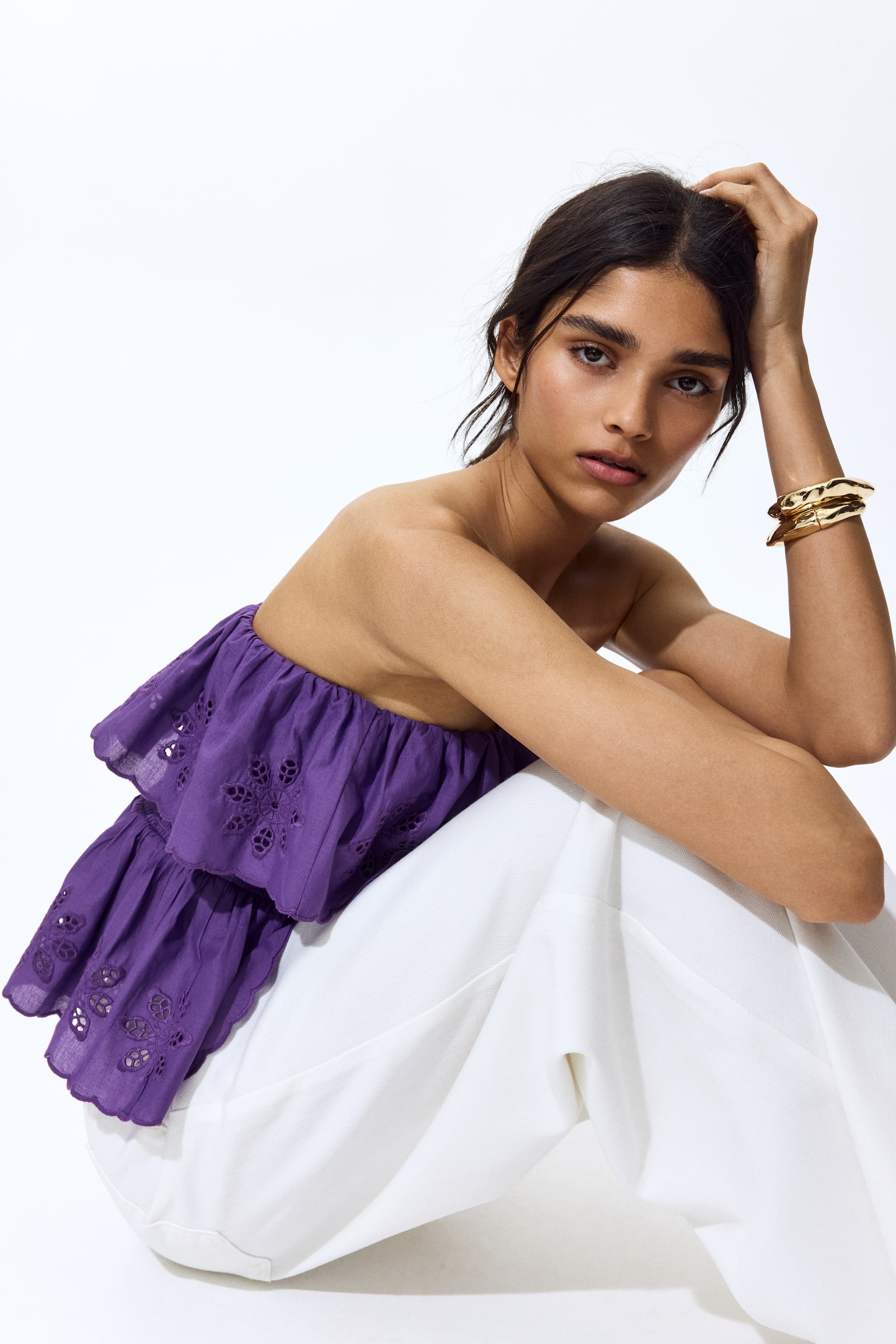 Flounce-trimmed peplum tube top - סגול - 4