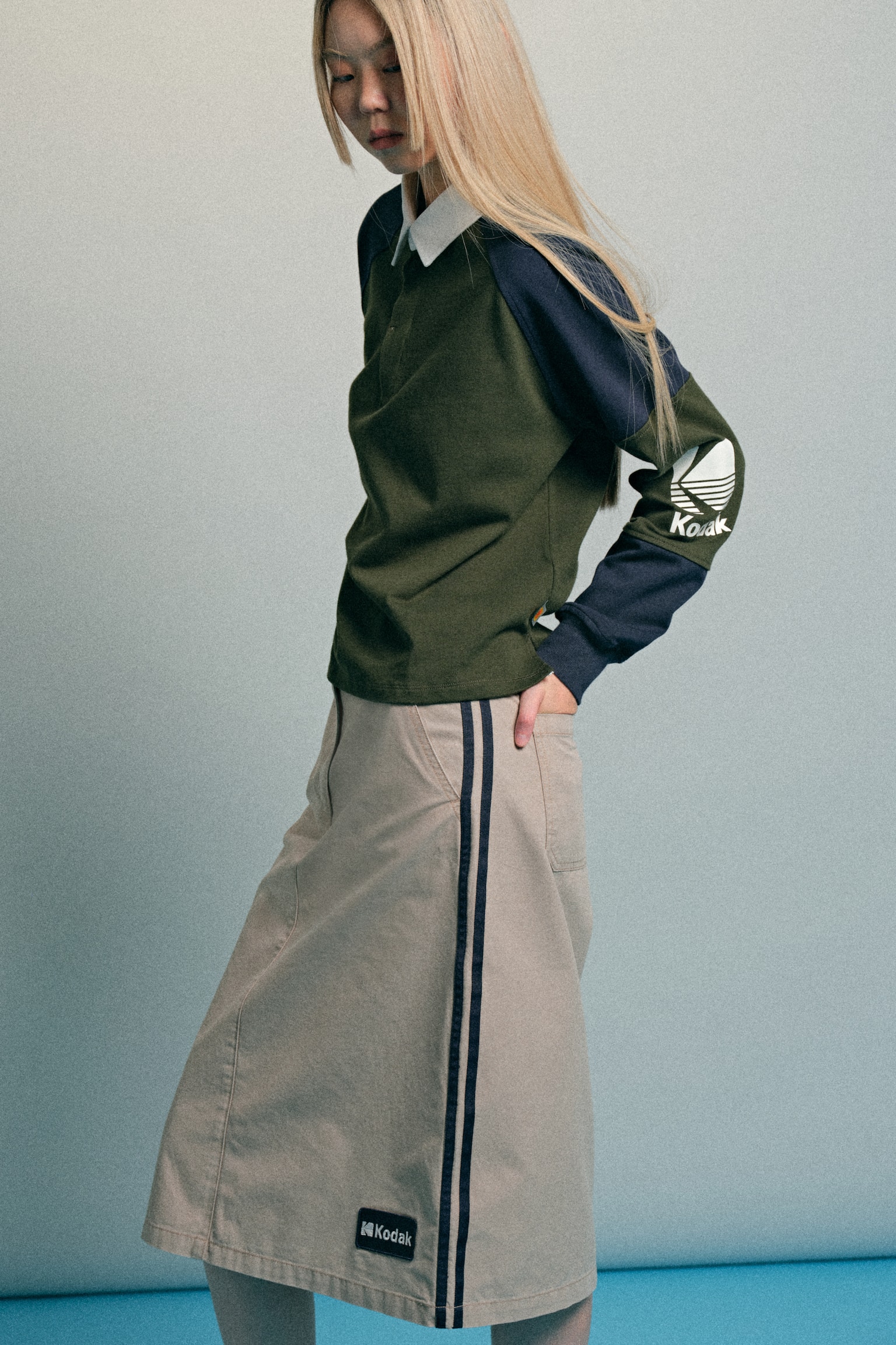 側條紋工作裙 - 淺灰米色/Kodak - 6