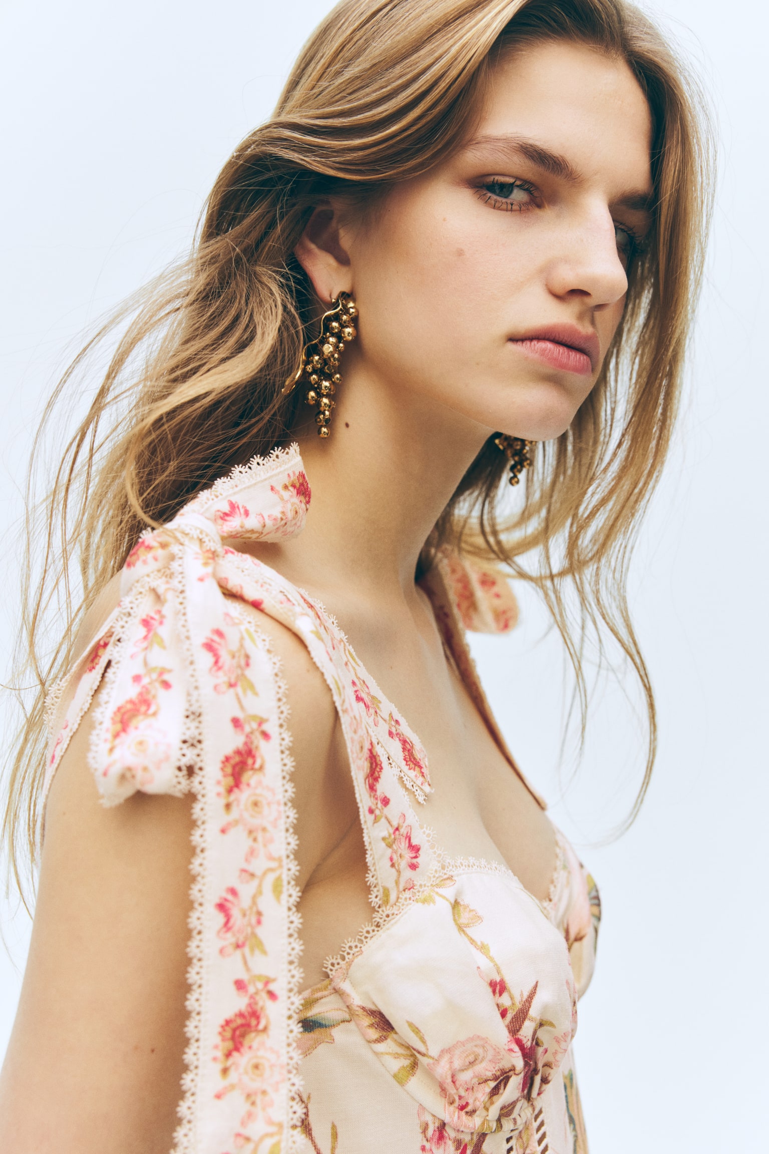 Linen-blend tie-strap dress - Light beige/Floral - 4