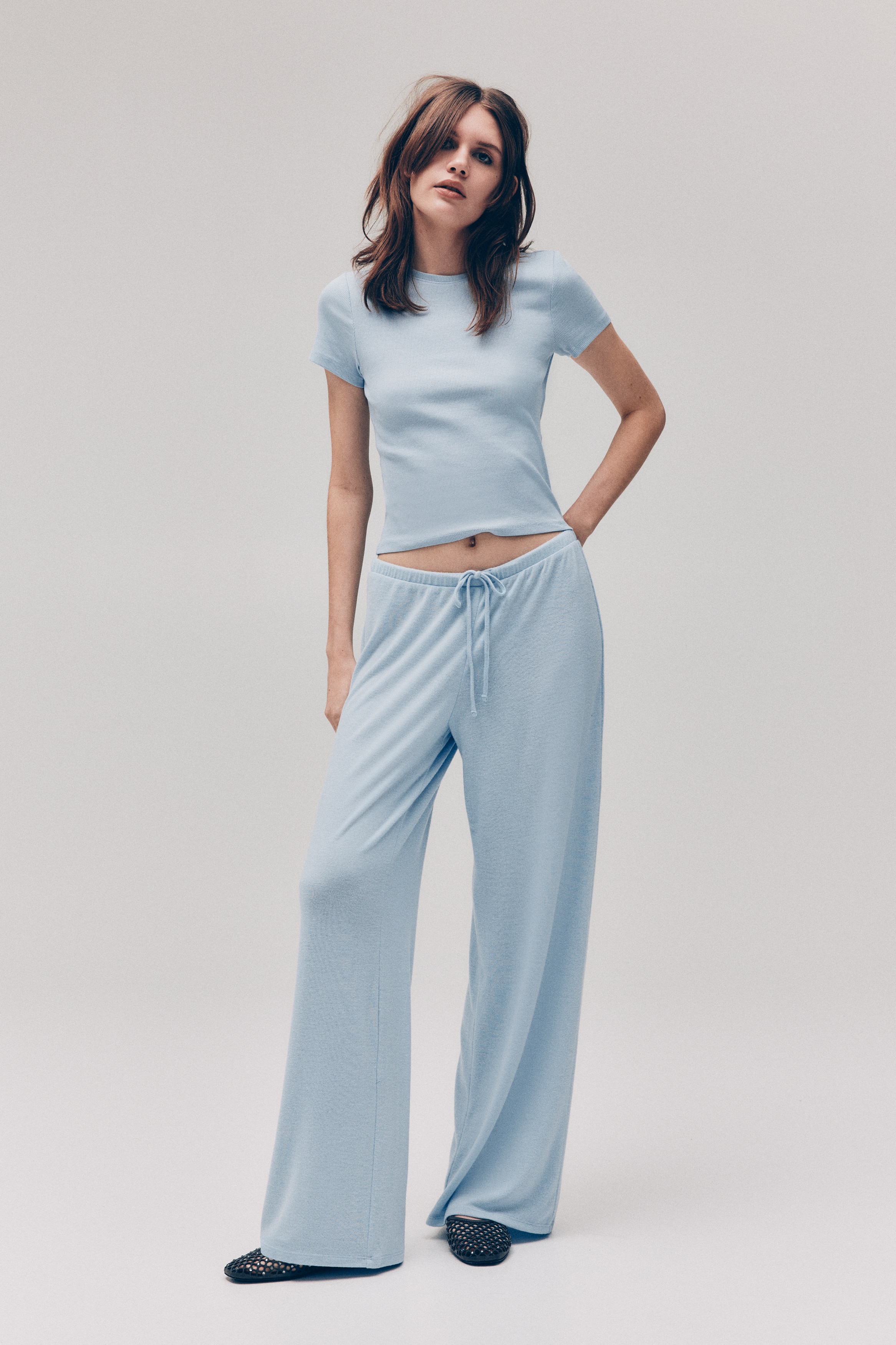 Fine-Knit Pants - Light blue/Light beige