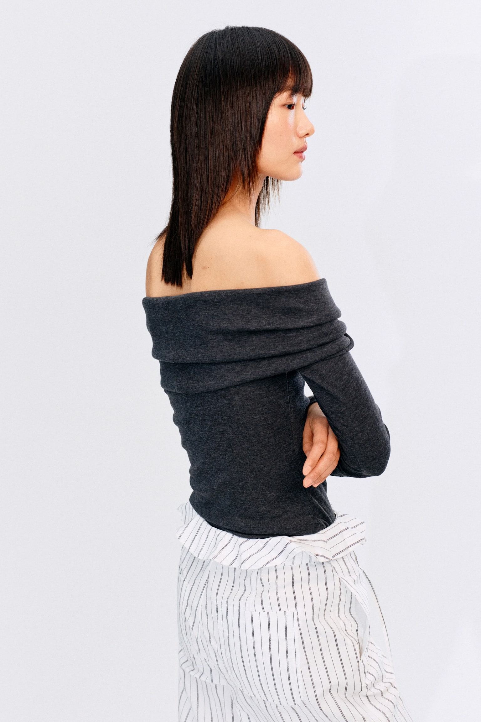 Áo trễ vai dệt kim mịn - Màu xám đậm đốm/Màu nâu đậm - 3