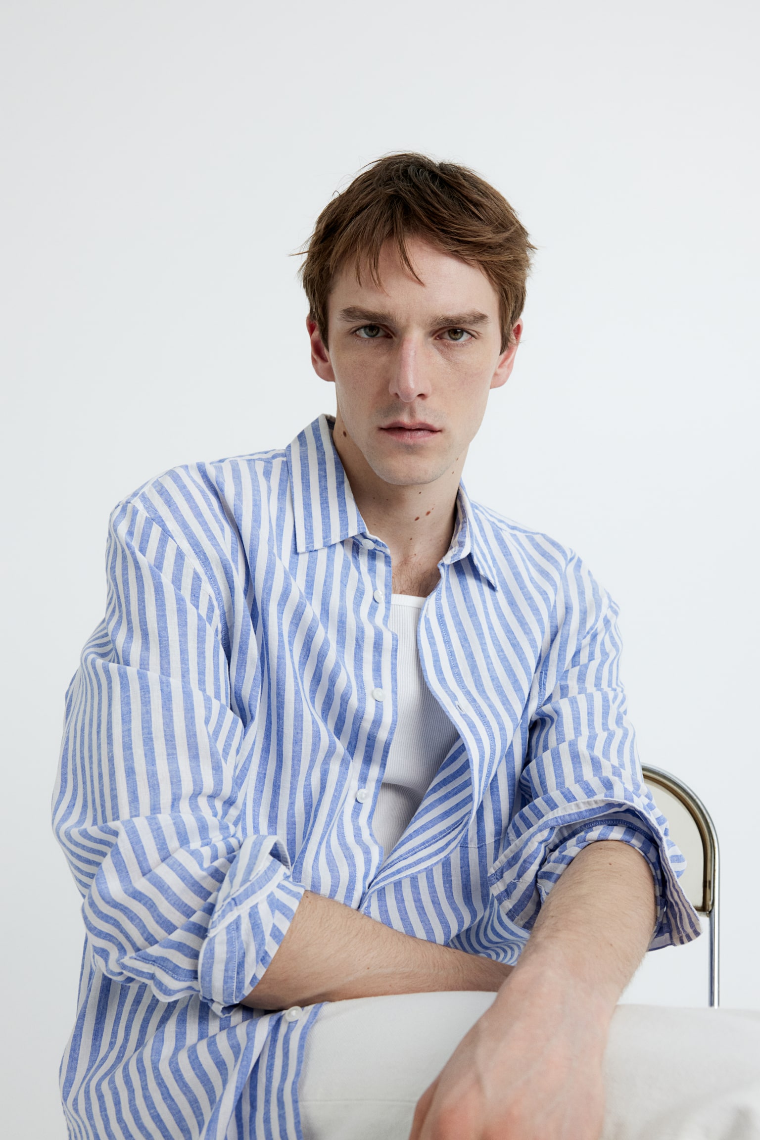 Relaxed Fit Linen Blend Shirt - Light blue/White stripe/Khaki green/Stripe/White/Light blue/Beige - 1