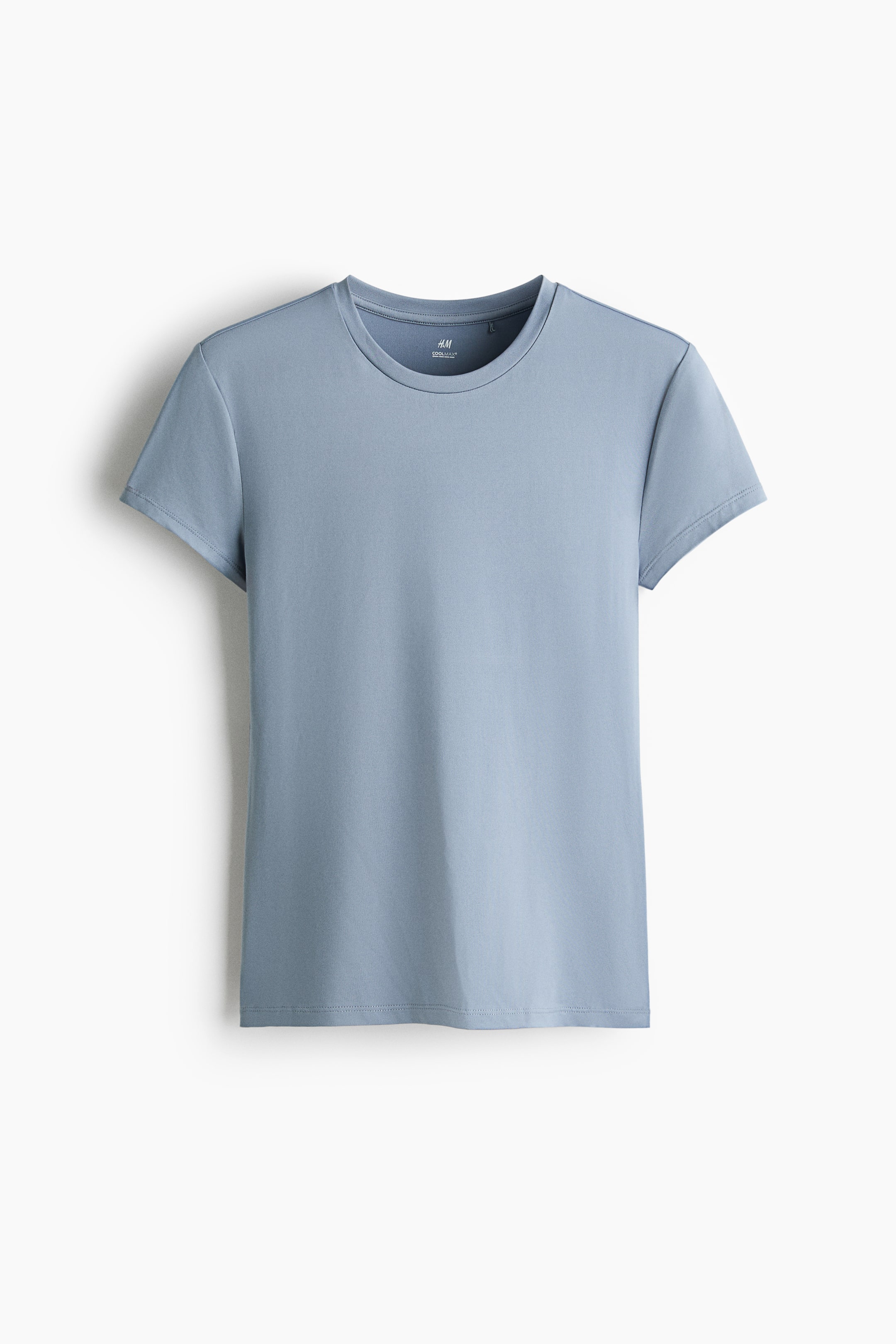 View larger image: A dusty blue T-shirt is shown from the front, featuring a rounded crew neckline and short sleeves. It has a straight hem, with a white H&M COOLMAX label visible at the inside back neckline.