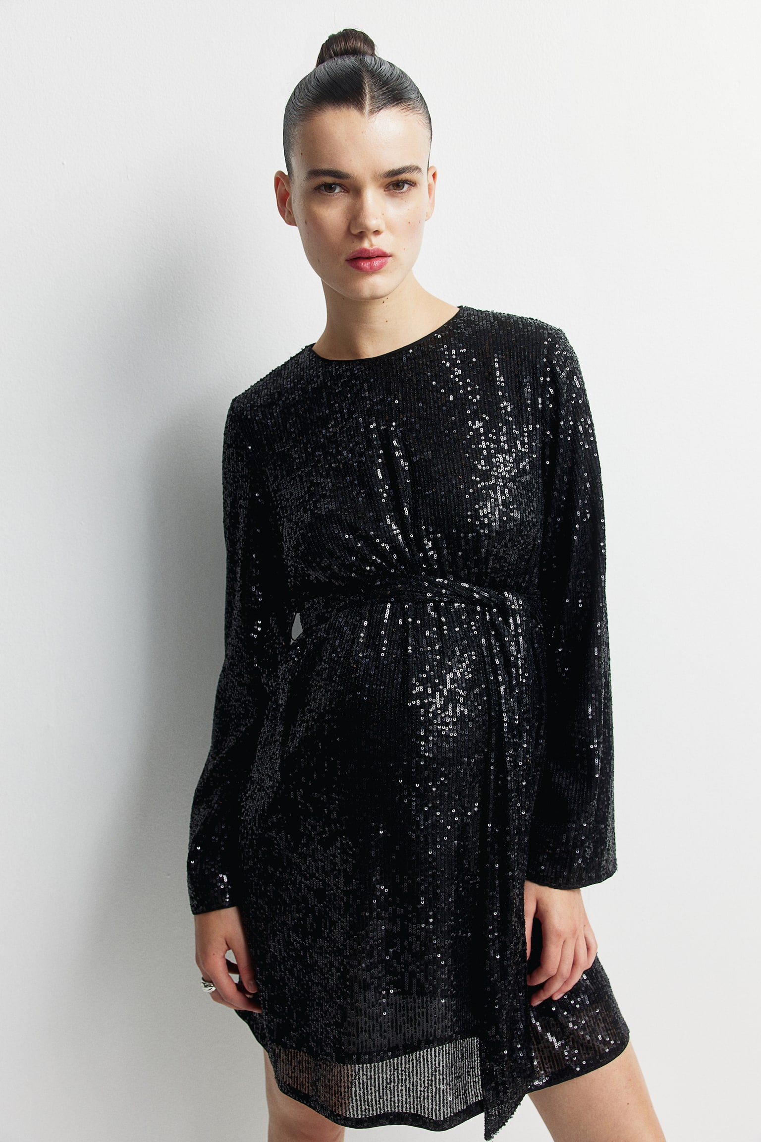 MAMA Sequined tie-belt dress - Black/Light beige/Silver-coloured - 1