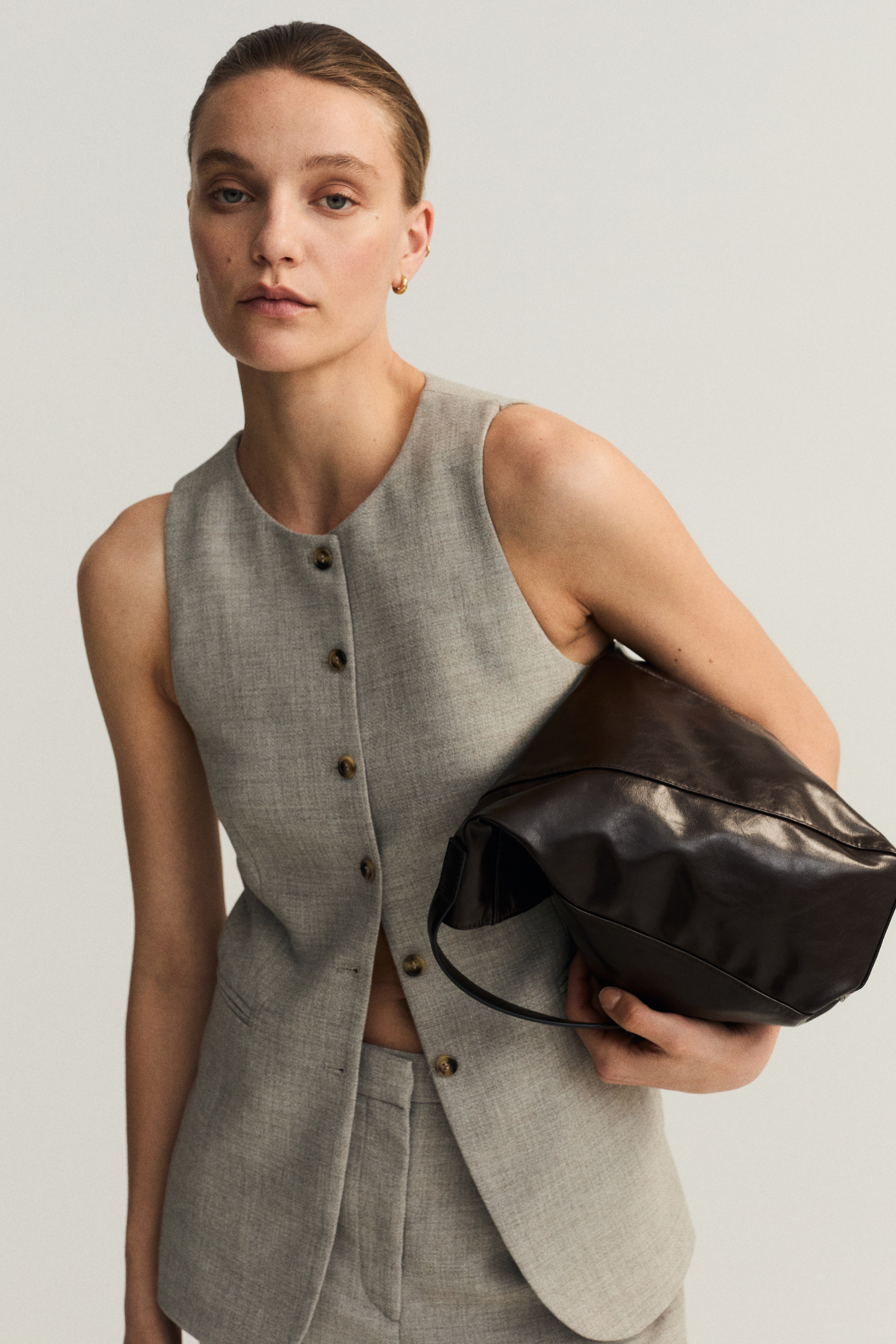 Long gilet sans manches - Beige/Marron foncé